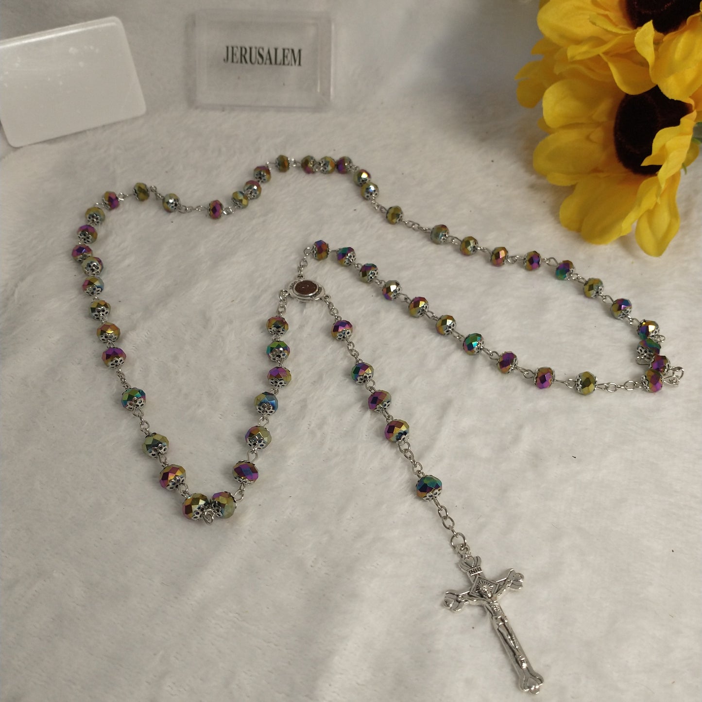 Rosary crystal multi colors with holy soil from Jerusalem