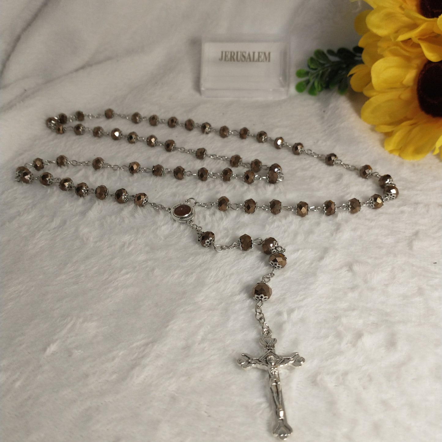 Crystal Dark brown rosary hand made .with holy soil from Jerusalem .for prayers .first Communion . Baptism