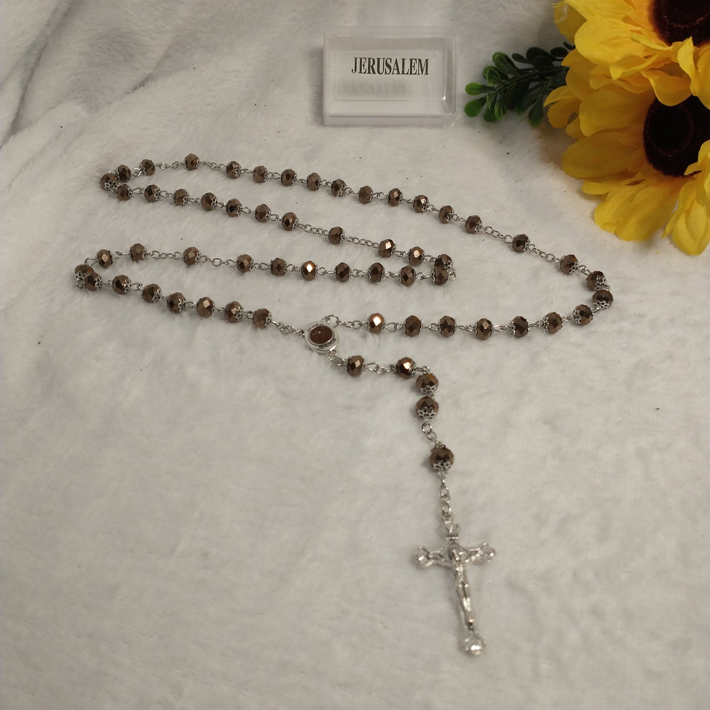 Crystal Dark brown rosary hand made .with holy soil from Jerusalem .for prayers .first Communion . Baptism