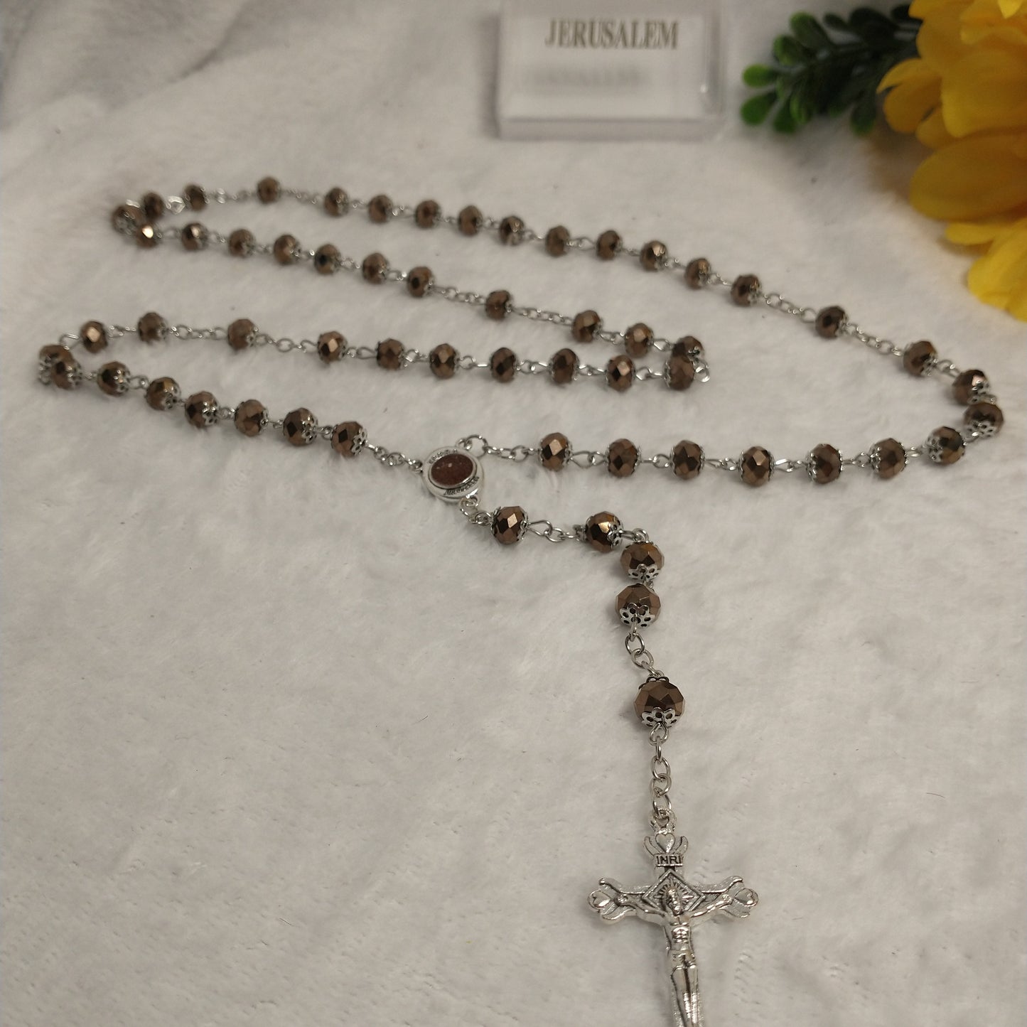 Crystal Dark brown rosary hand made .with holy soil from Jerusalem .for prayers .first Communion . Baptism