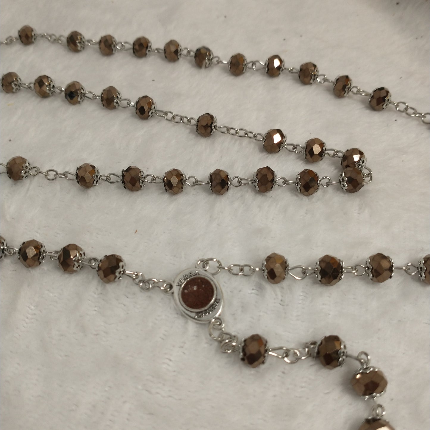 Crystal Dark brown rosary hand made .with holy soil from Jerusalem .for prayers .first Communion . Baptism