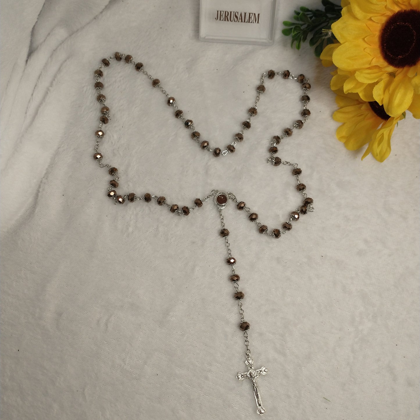 Crystal Dark brown rosary hand made .with holy soil from Jerusalem .for prayers .first Communion . Baptism