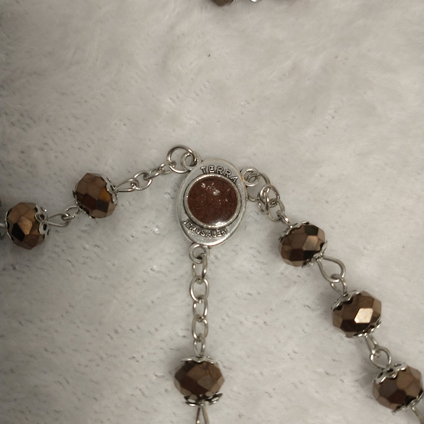 Crystal Dark brown rosary hand made .with holy soil from Jerusalem .for prayers .first Communion . Baptism