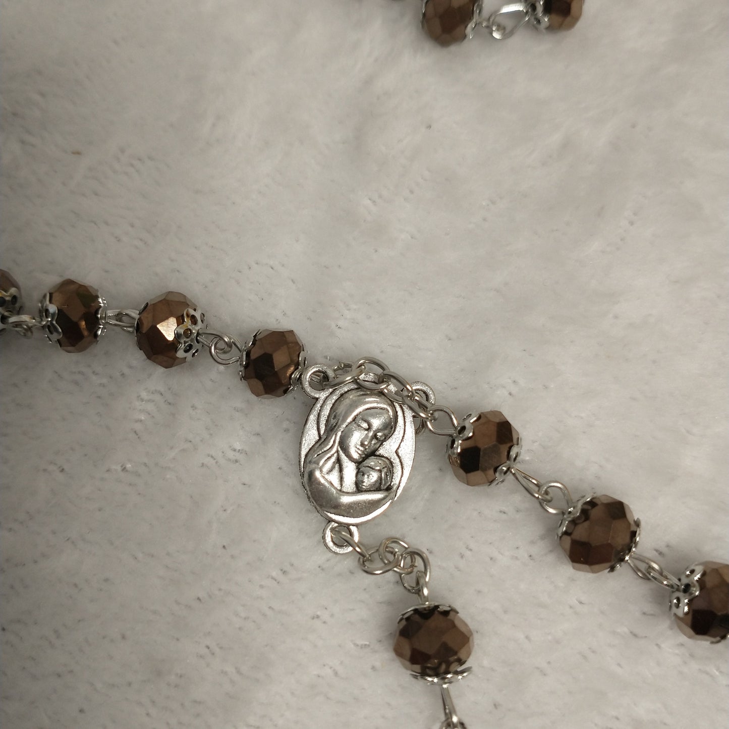 Crystal Dark brown rosary hand made .with holy soil from Jerusalem .for prayers .first Communion . Baptism