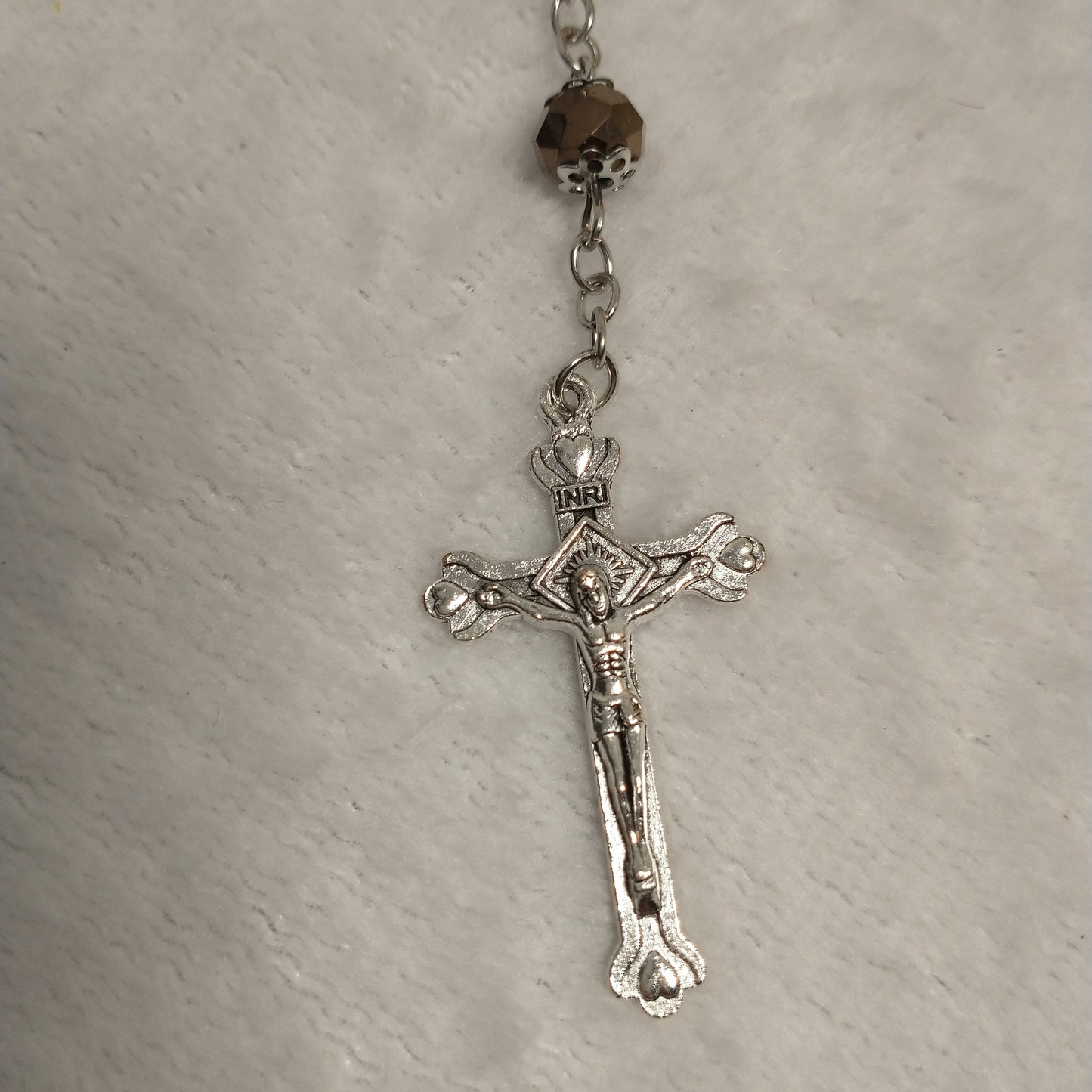 Crystal Dark brown rosary hand made .with holy soil from Jerusalem .for prayers .first Communion . Baptism