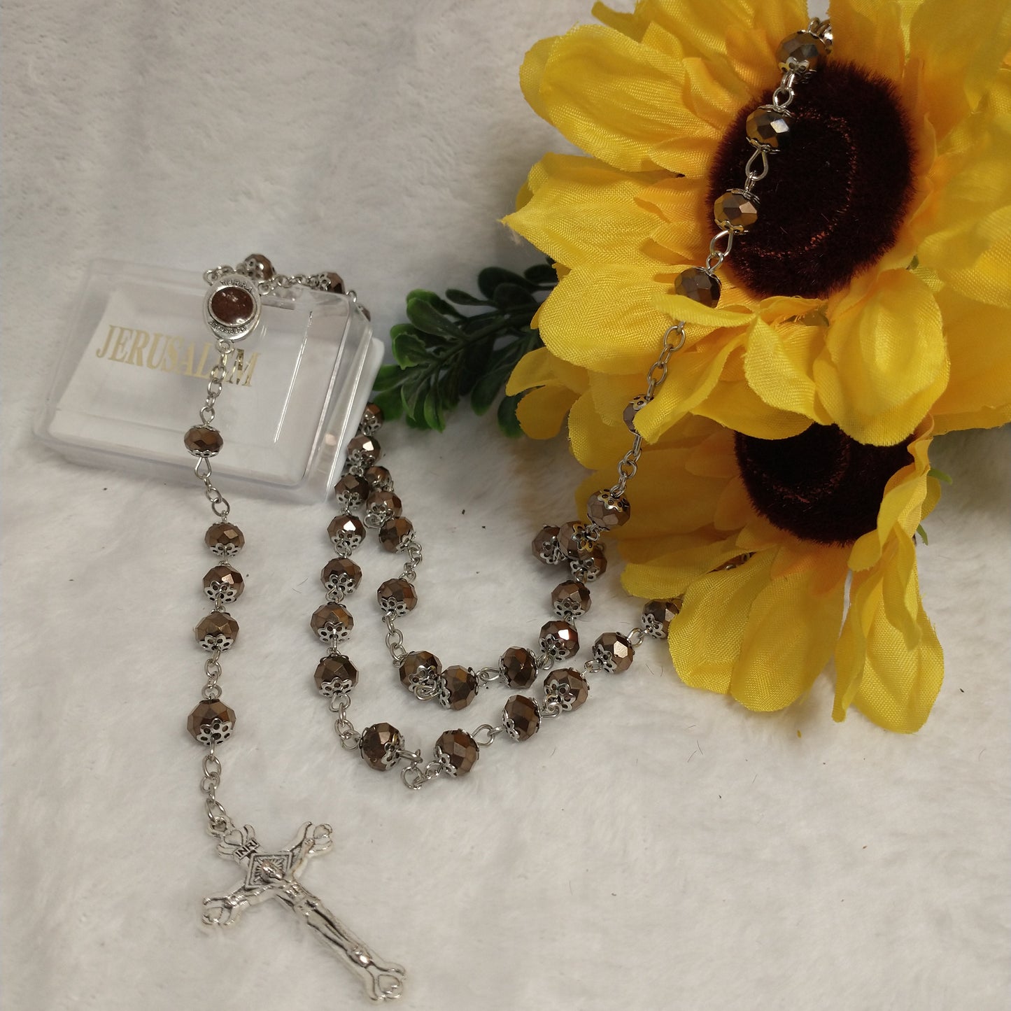 Crystal Dark brown rosary hand made .with holy soil from Jerusalem .for prayers .first Communion . Baptism