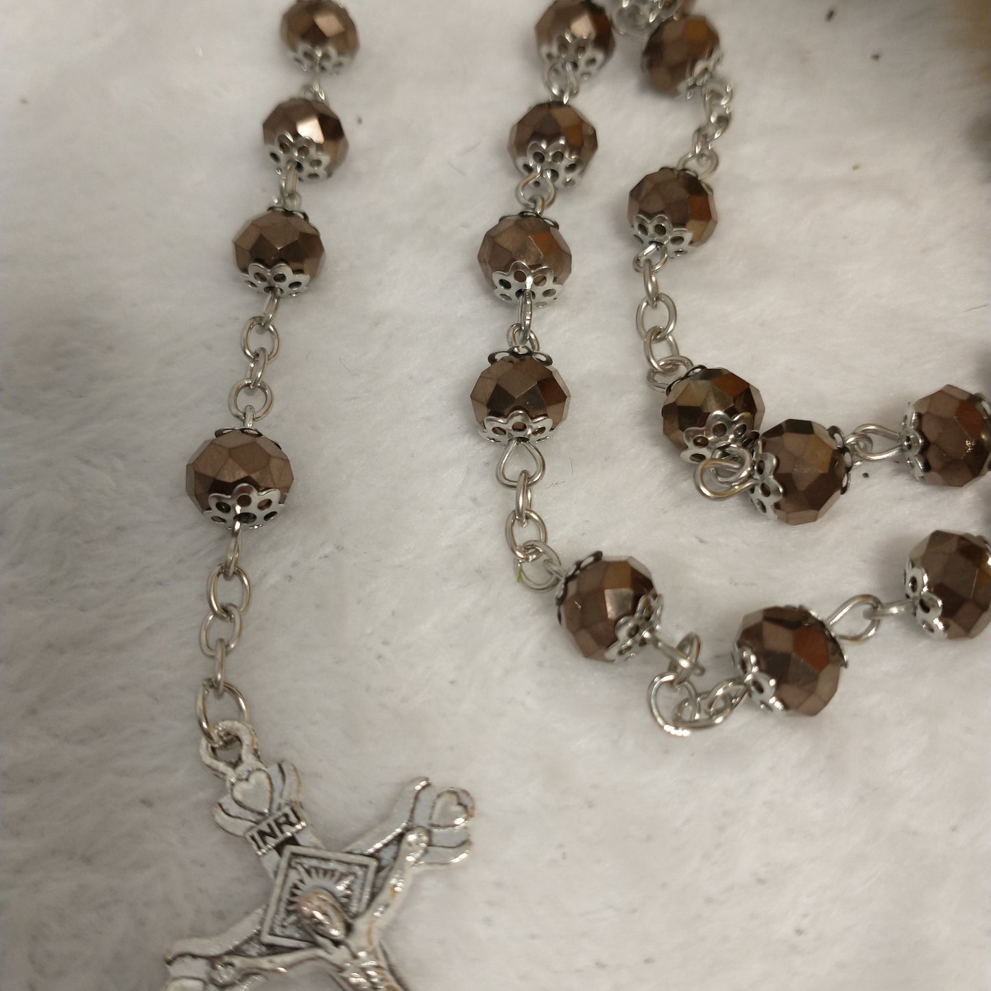 Crystal Dark brown rosary hand made .with holy soil from Jerusalem .for prayers .first Communion . Baptism