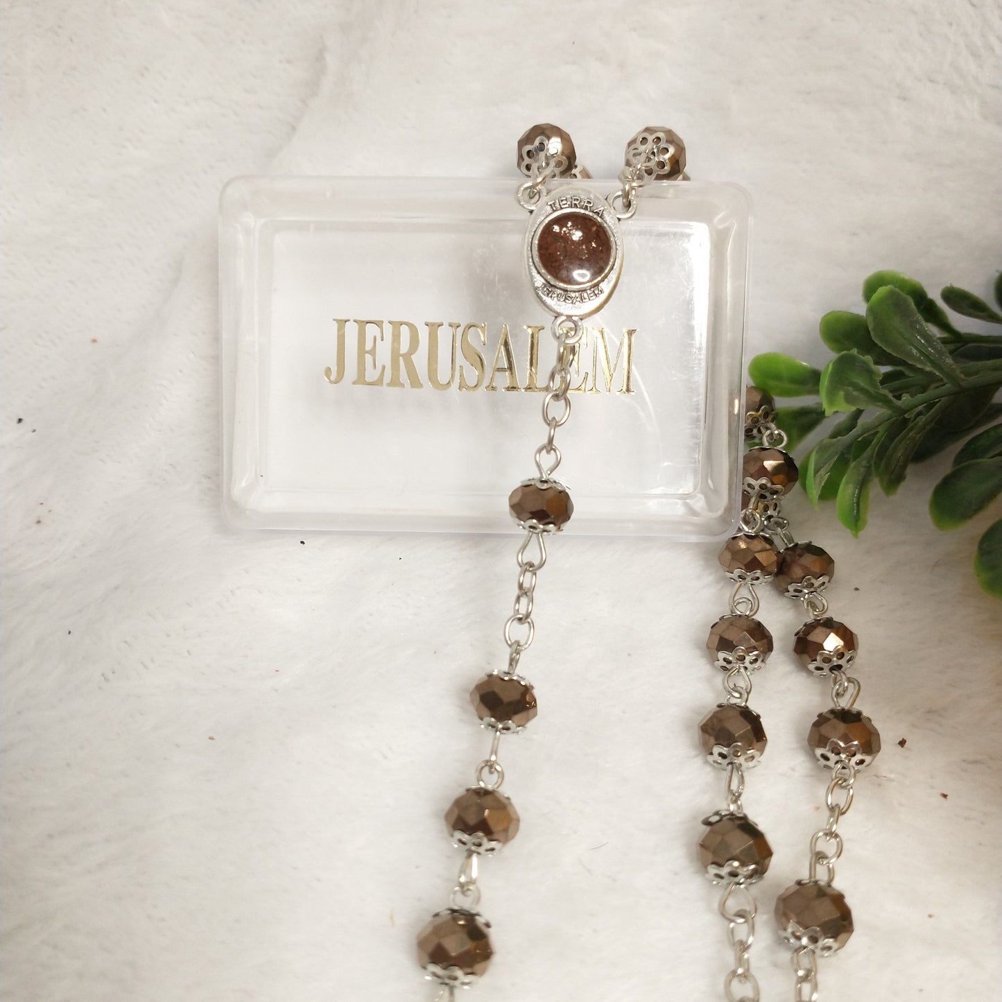 Crystal Dark brown rosary hand made .with holy soil from Jerusalem .for prayers .first Communion . Baptism