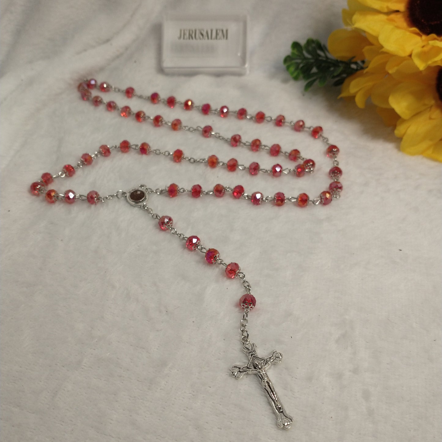 Crystal red light rosary hand made with holy soil from Jerusam .hand made for prayers .first Communion.Baptism