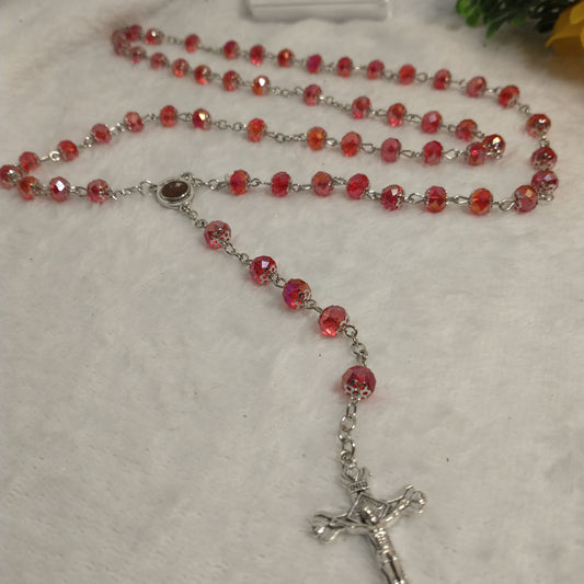 Crystal red light rosary hand made with holy soil from Jerusam .hand made for prayers .first Communion.Baptism