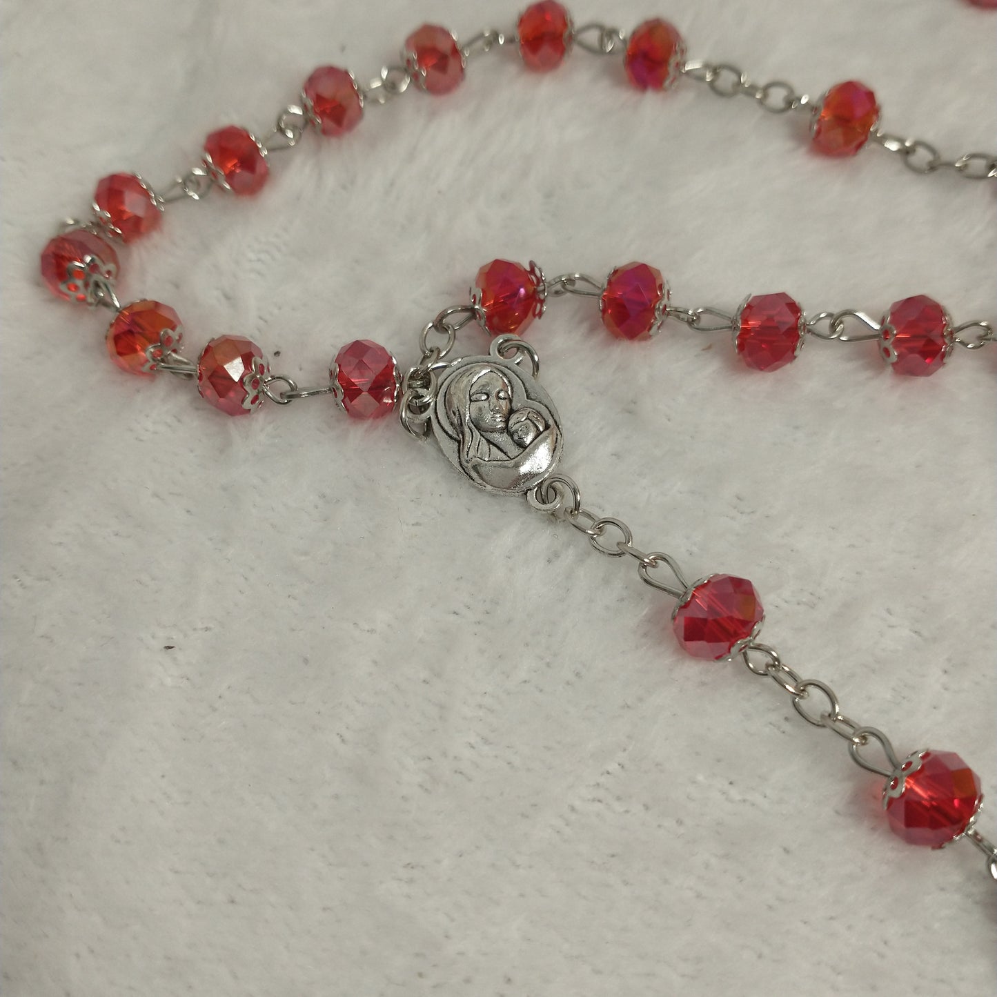 Crystal red light rosary hand made with holy soil from Jerusam .hand made for prayers .first Communion.Baptism