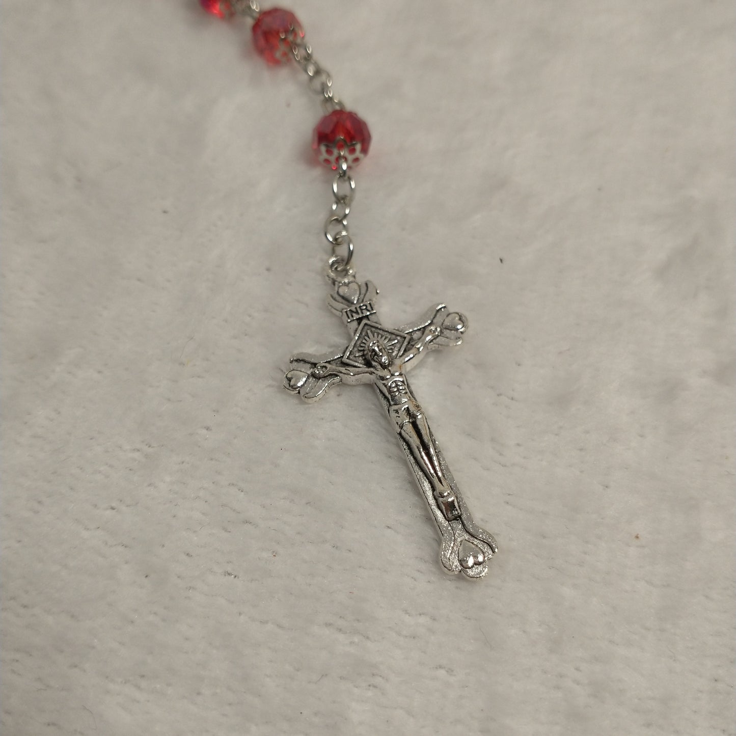 Crystal red light rosary hand made with holy soil from Jerusam .hand made for prayers .first Communion.Baptism