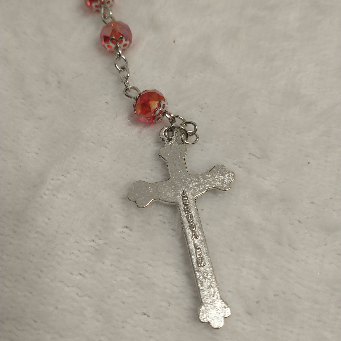 Crystal red light rosary hand made with holy soil from Jerusam .hand made for prayers .first Communion.Baptism