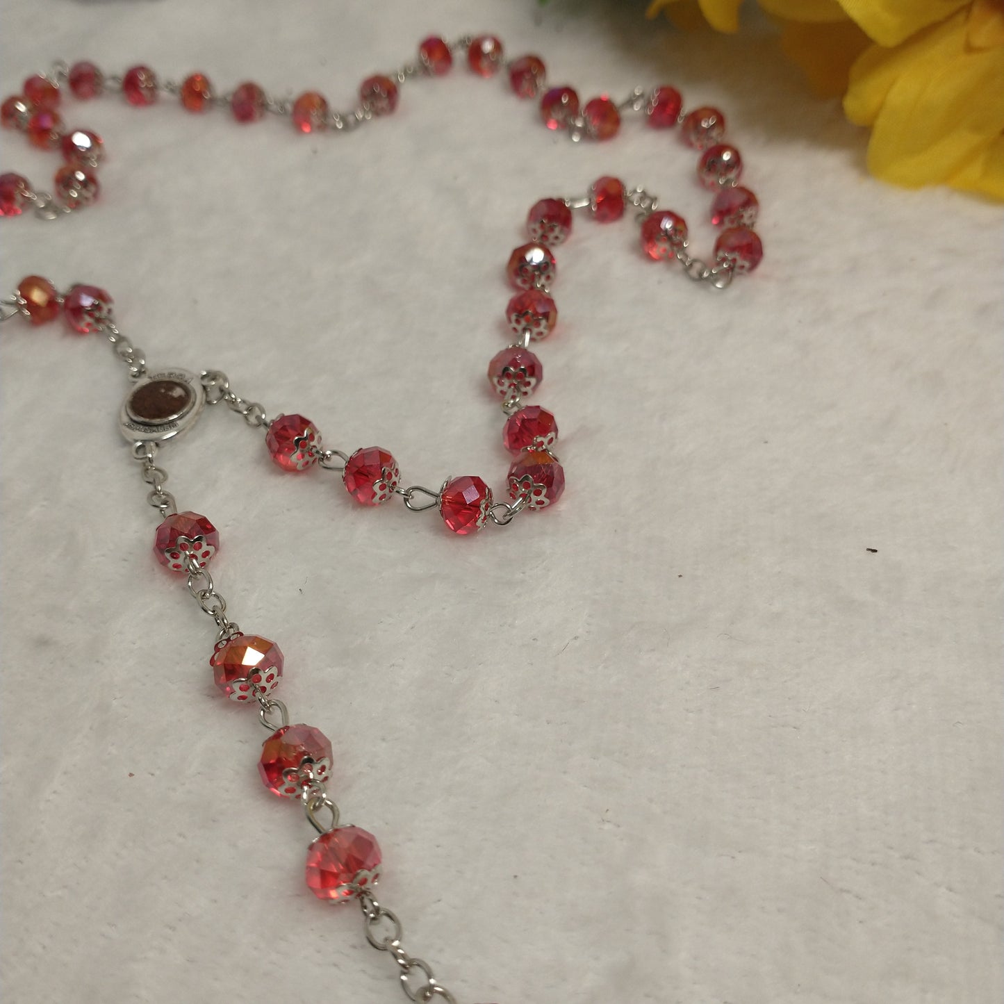 Crystal red light rosary hand made with holy soil from Jerusam .hand made for prayers .first Communion.Baptism