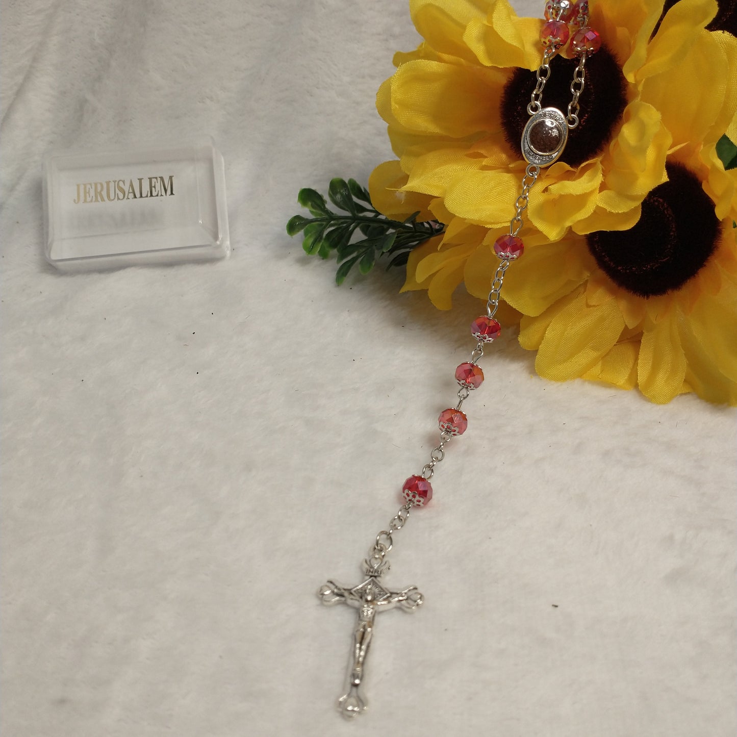 Crystal red light rosary hand made with holy soil from Jerusam .hand made for prayers .first Communion.Baptism