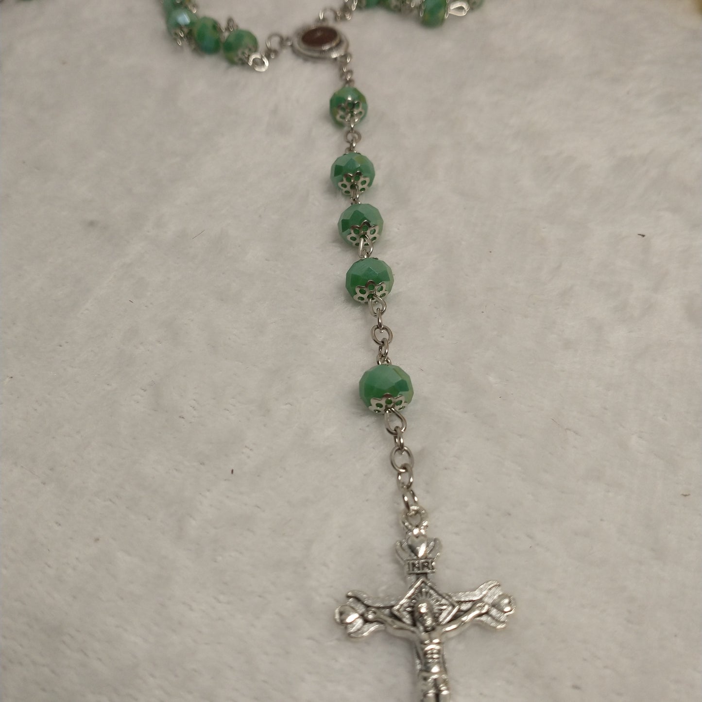 Crystal Dark green rosary so beautiful one .with holy soil from Jerusalem unique color .this rossary for prayers .first Communion . Baptism