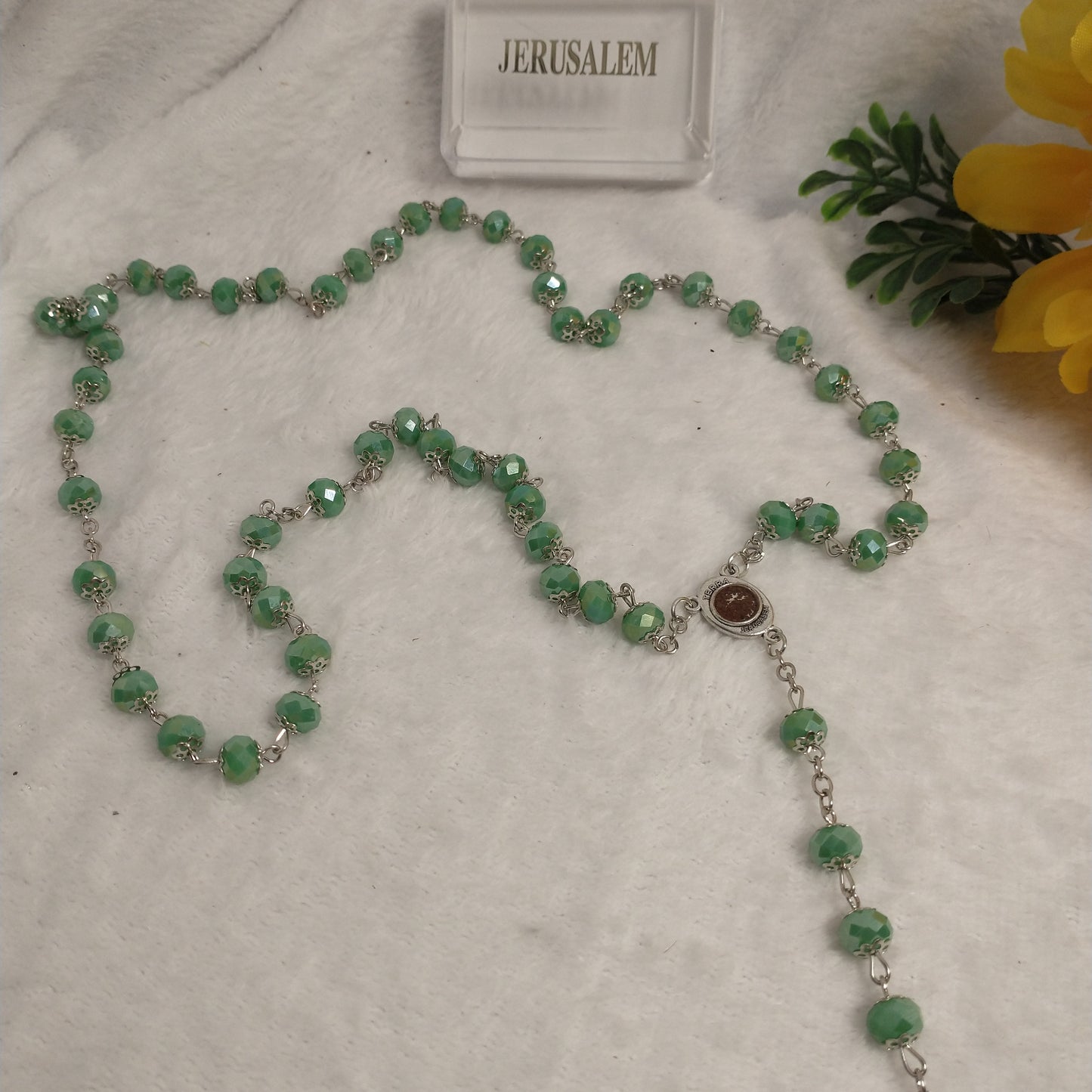 Crystal Dark green rosary so beautiful one .with holy soil from Jerusalem unique color .this rossary for prayers .first Communion . Baptism