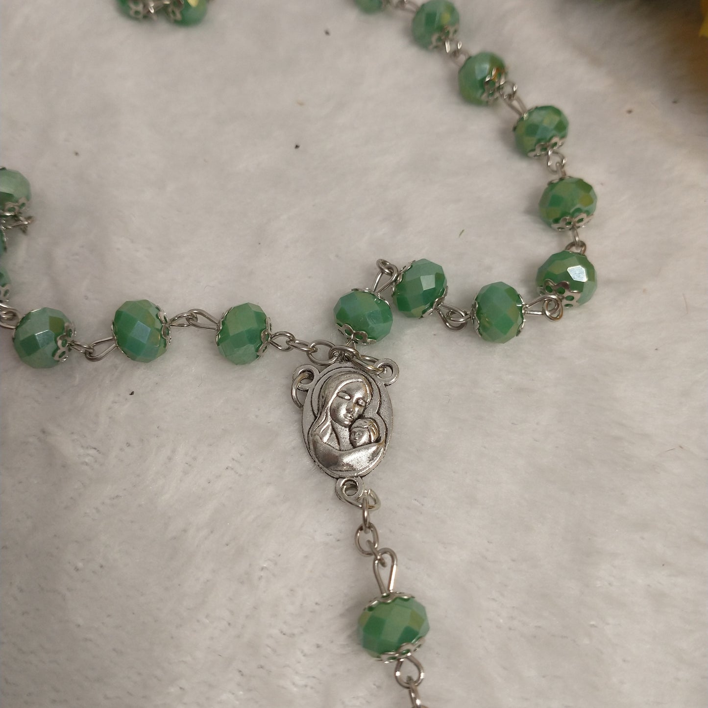 Crystal Dark green rosary so beautiful one .with holy soil from Jerusalem unique color .this rossary for prayers .first Communion . Baptism