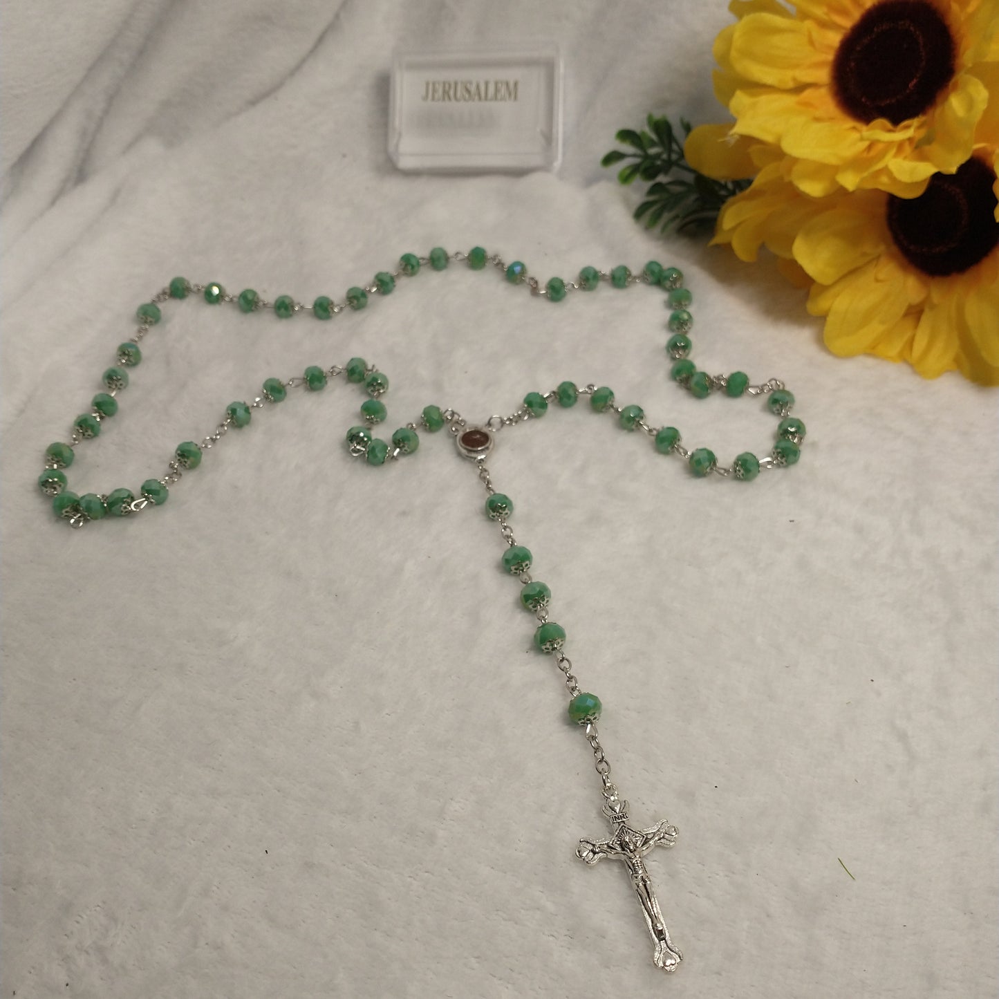 Crystal Dark green rosary so beautiful one .with holy soil from Jerusalem unique color .this rossary for prayers .first Communion . Baptism