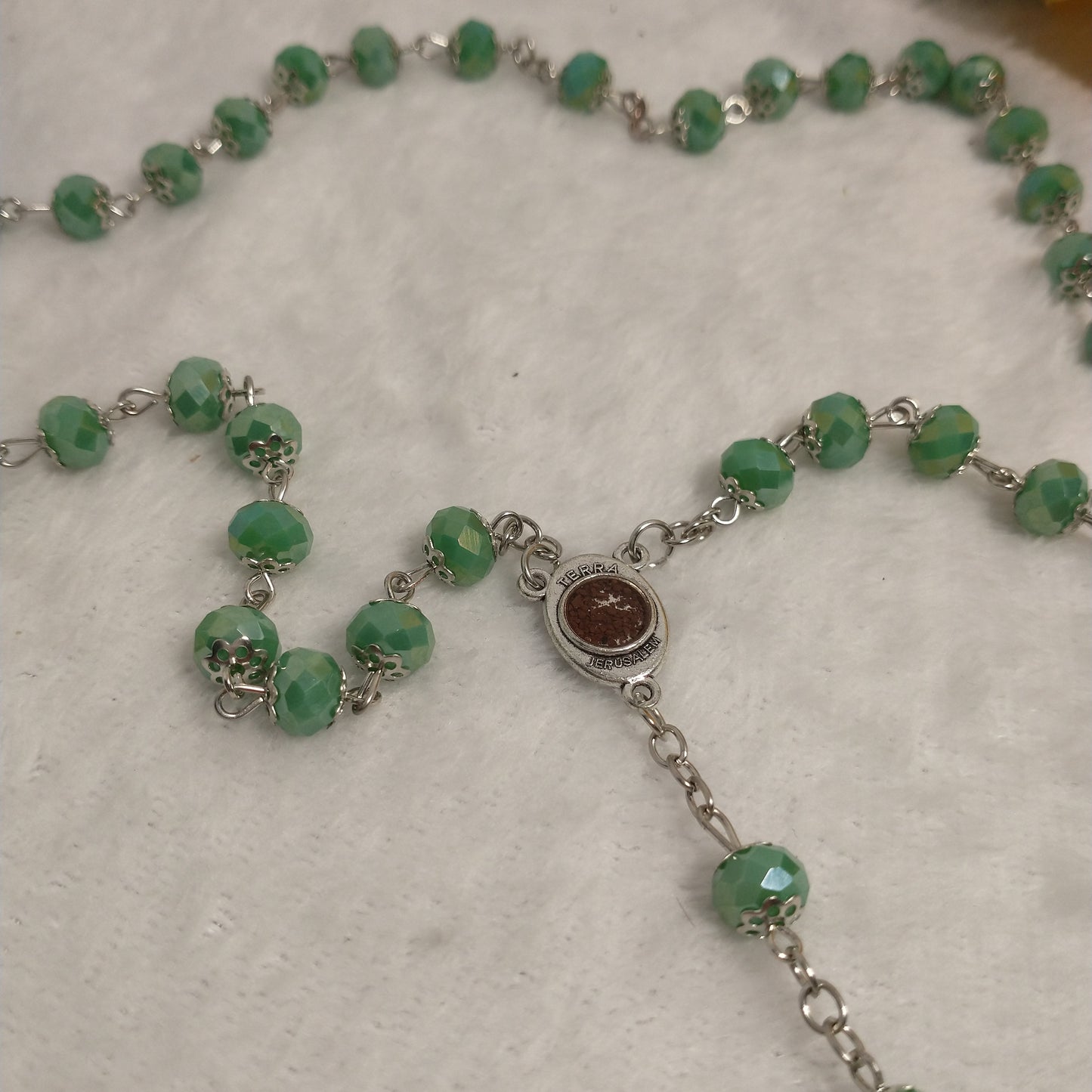 Crystal Dark green rosary so beautiful one .with holy soil from Jerusalem unique color .this rossary for prayers .first Communion . Baptism