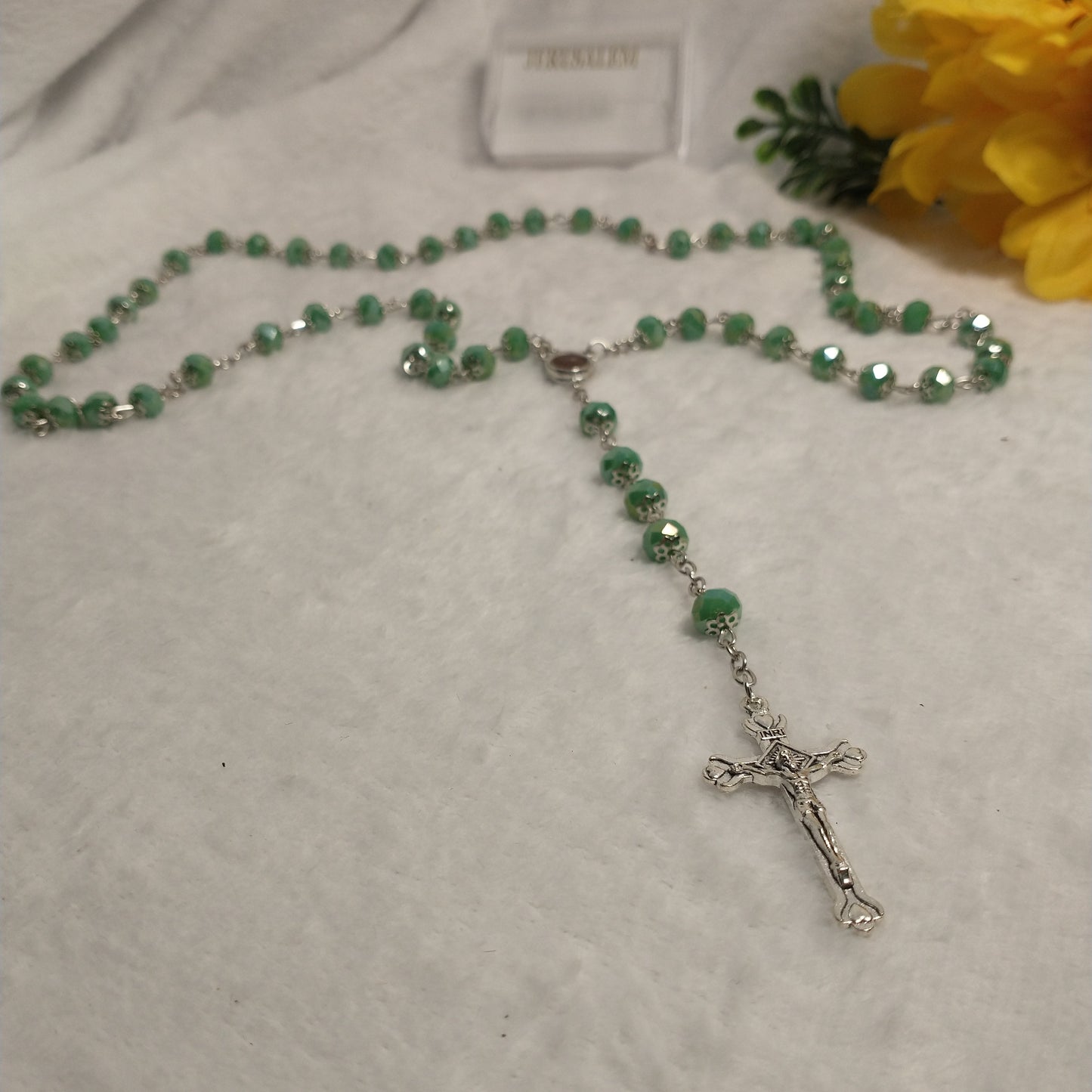 Crystal Dark green rosary so beautiful one .with holy soil from Jerusalem unique color .this rossary for prayers .first Communion . Baptism