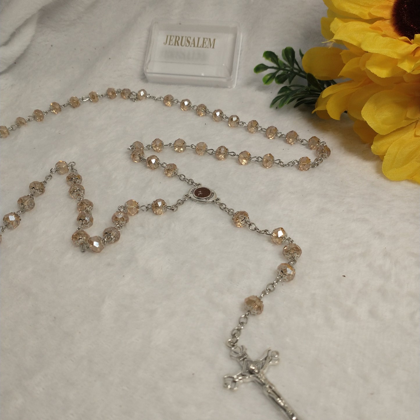 Crystal Honey Colors rossary so beautiful .hand made with Holy Soil from Jerusalem ..this rosary for prayers .First Communion . Baptism .