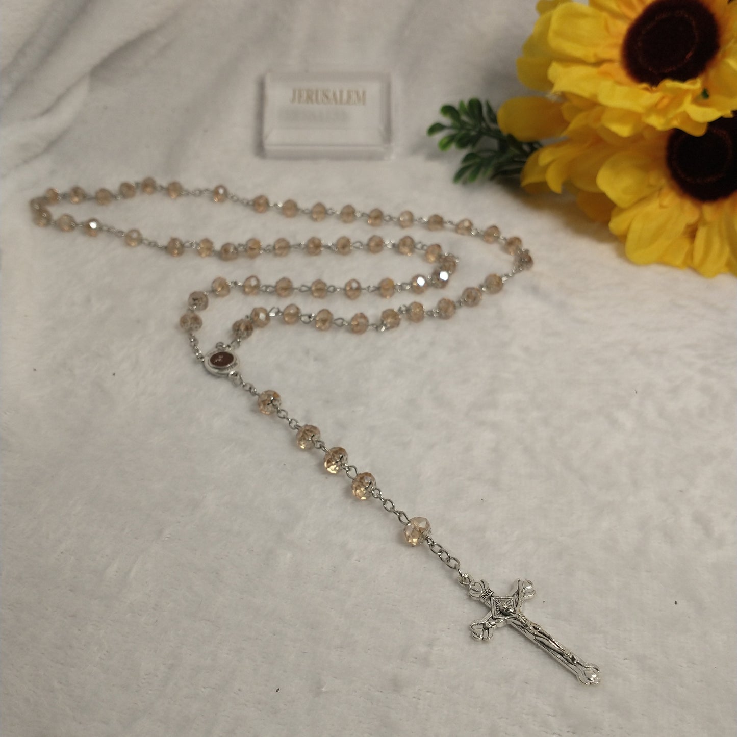 Crystal Honey Colors rossary so beautiful .hand made with Holy Soil from Jerusalem ..this rosary for prayers .First Communion . Baptism .