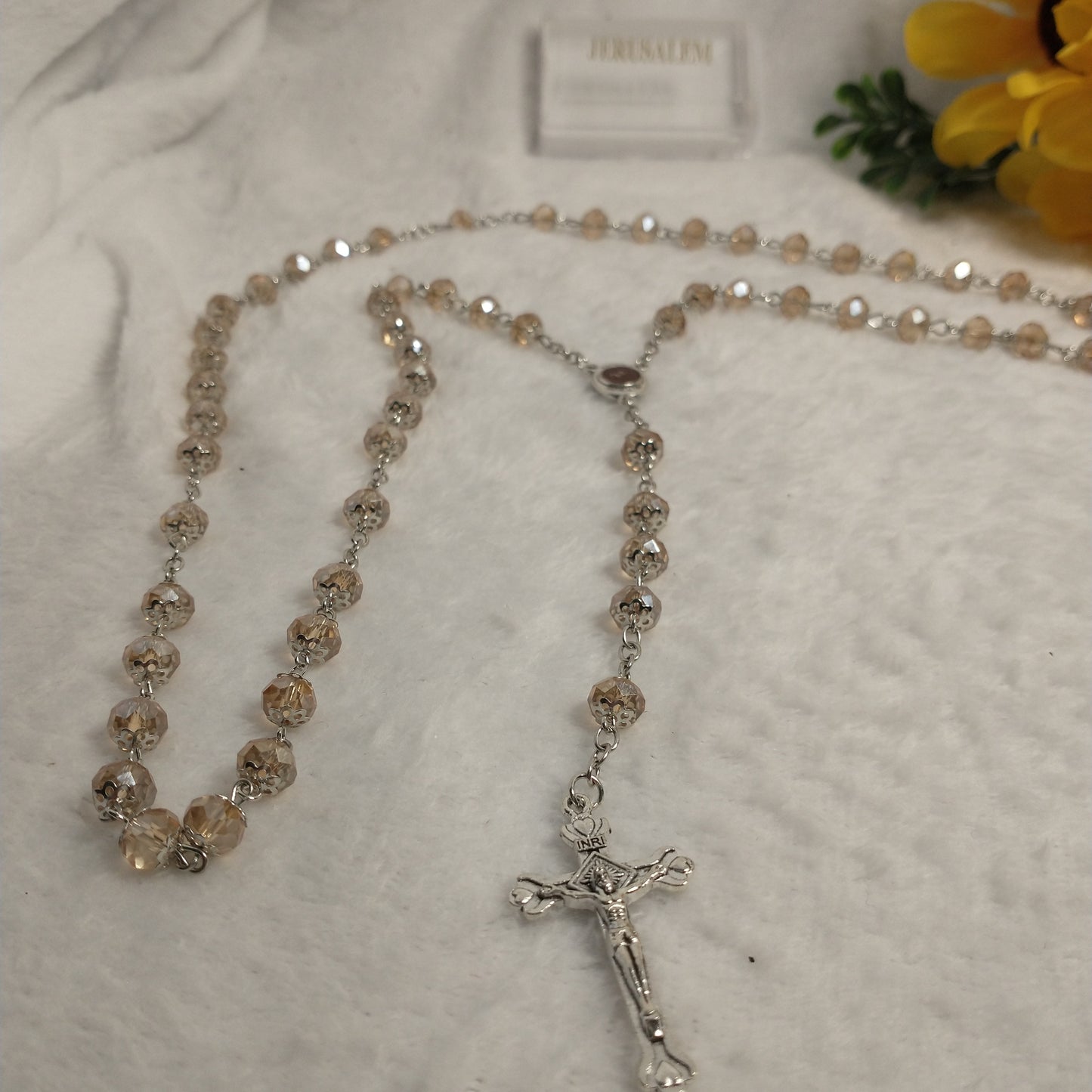 Crystal Honey Colors rossary so beautiful .hand made with Holy Soil from Jerusalem ..this rosary for prayers .First Communion . Baptism .