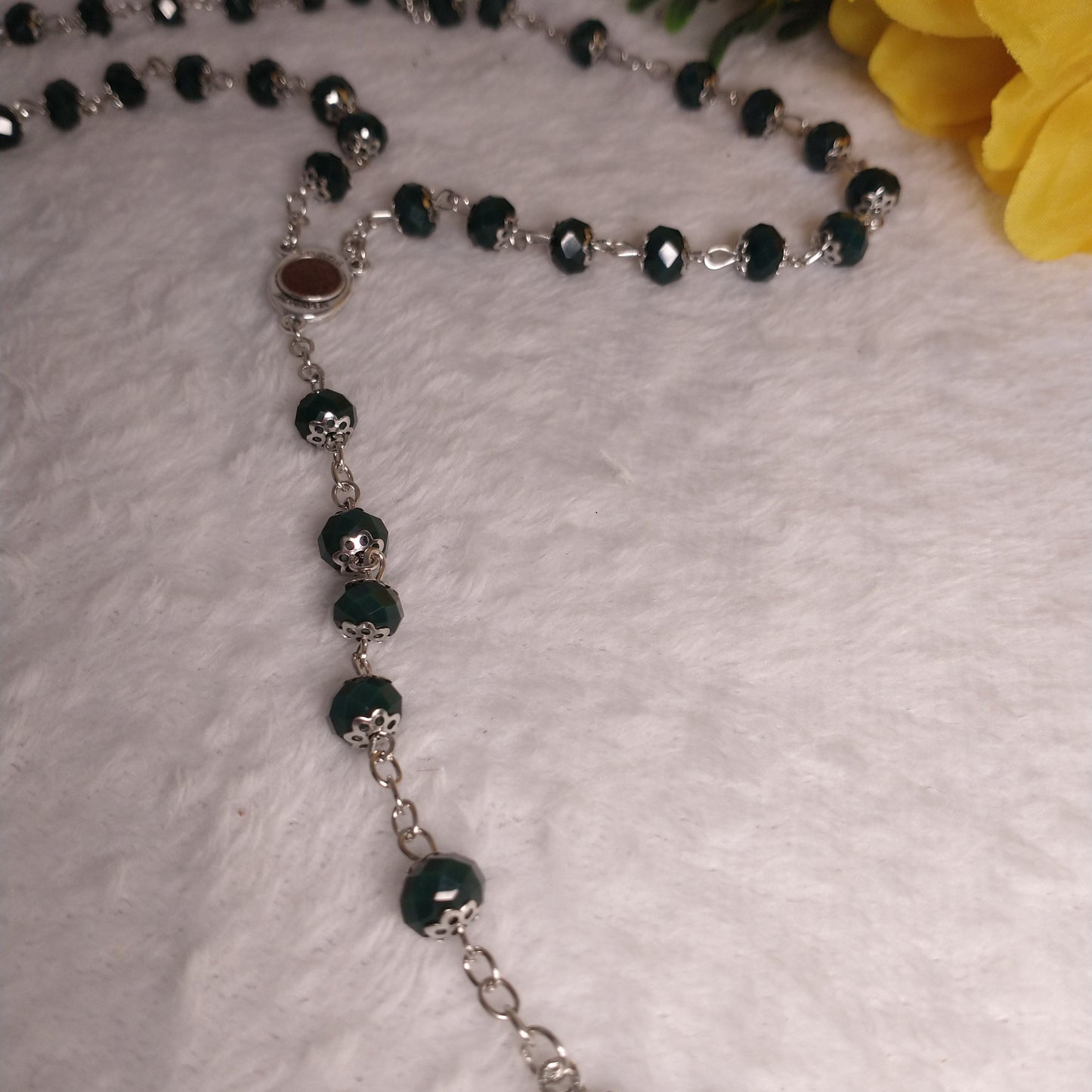 Crystal too Dark green colors hand made .with holy soil from Jerusalem . This rossary for prayers .first communion . Baptism