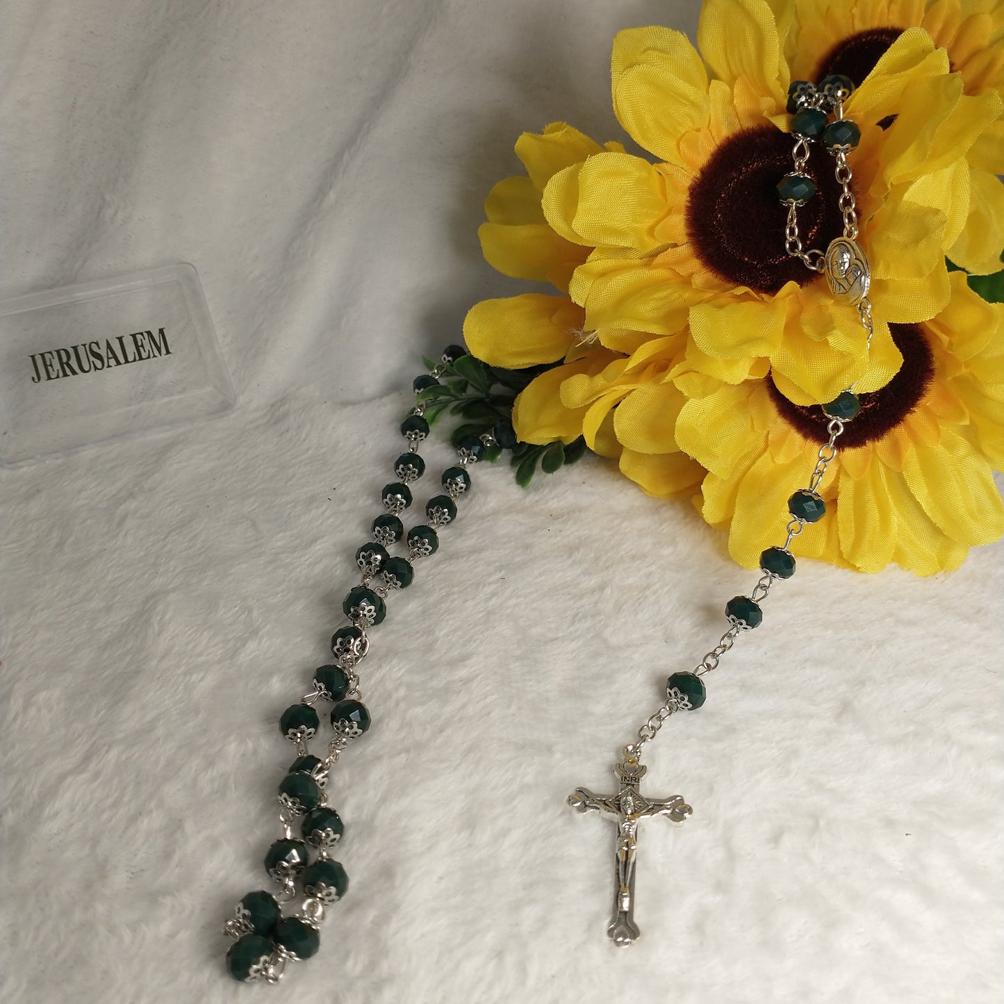 Crystal too Dark green colors hand made .with holy soil from Jerusalem . This rossary for prayers .first communion . Baptism