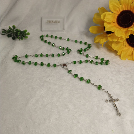 Crystal light green Rossary with Holy soil from Jerusalem .this rosary for prayer's .first Communion .. Baptism.
