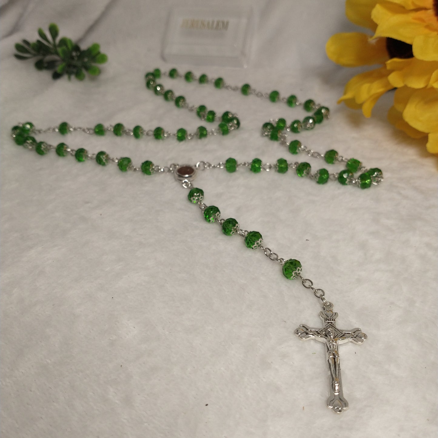 Crystal light green Rossary with Holy soil from Jerusalem .this rosary for prayer's .first Communion .. Baptism.