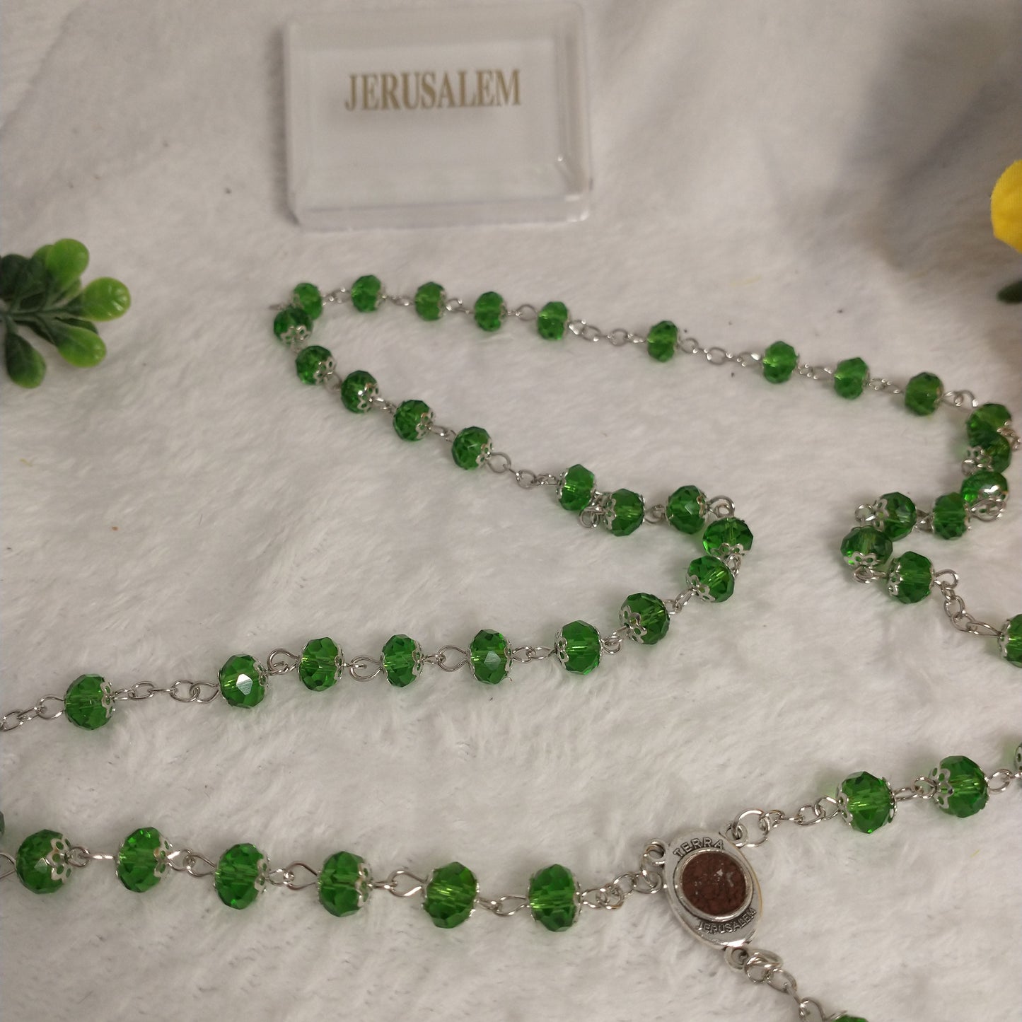 Crystal light green Rossary with Holy soil from Jerusalem .this rosary for prayer's .first Communion .. Baptism.