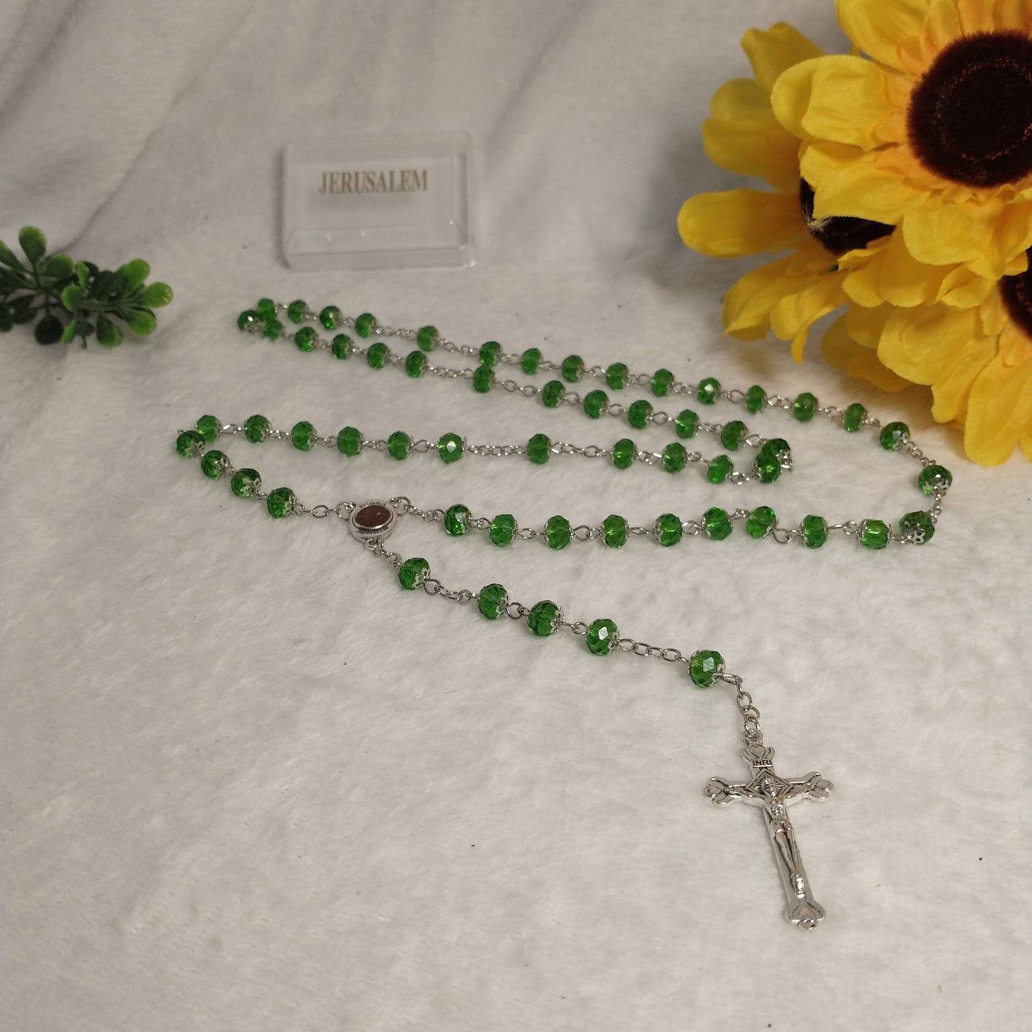 Crystal light green Rossary with Holy soil from Jerusalem .this rosary for prayer's .first Communion .. Baptism.