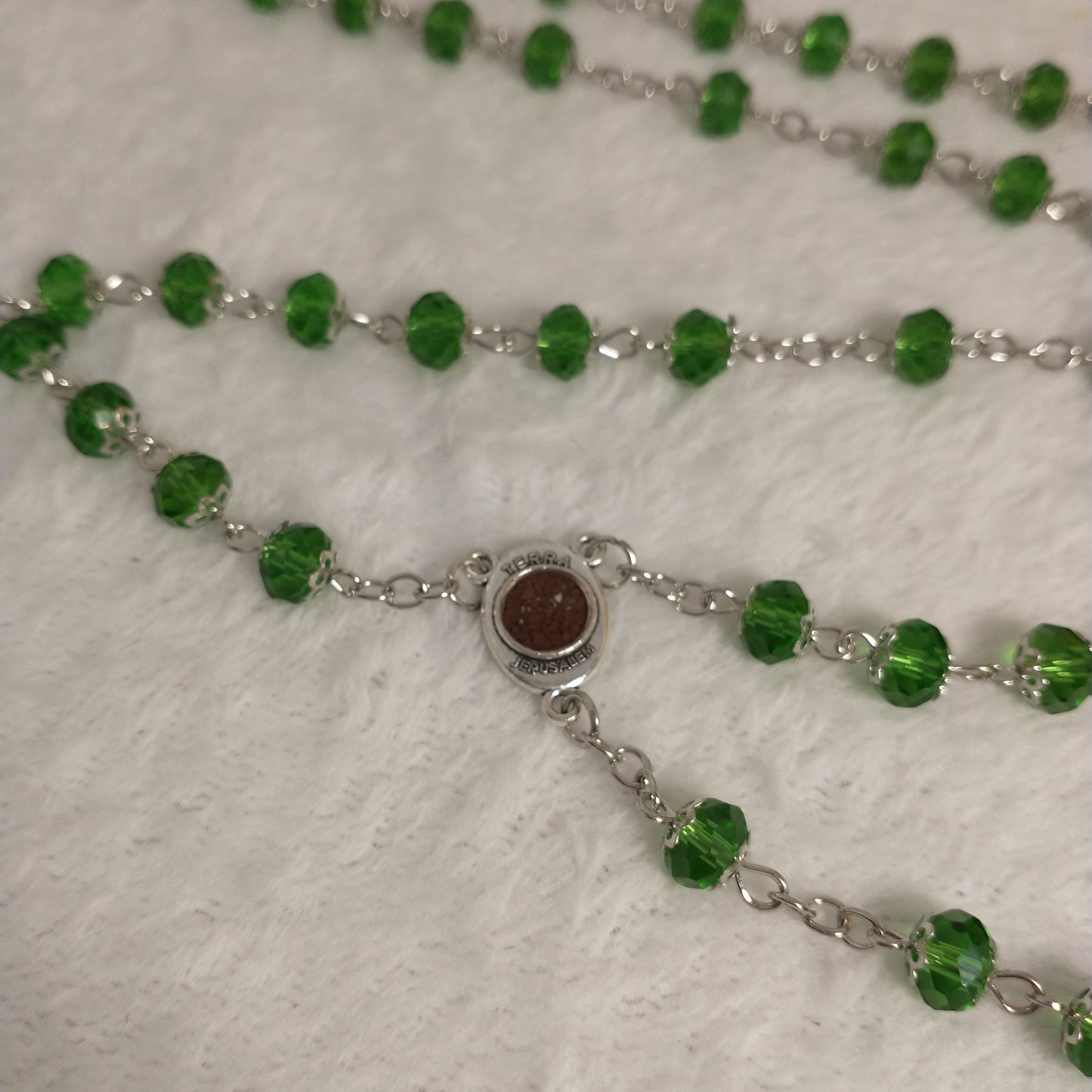 Crystal light green Rossary with Holy soil from Jerusalem .this rosary for prayer's .first Communion .. Baptism.