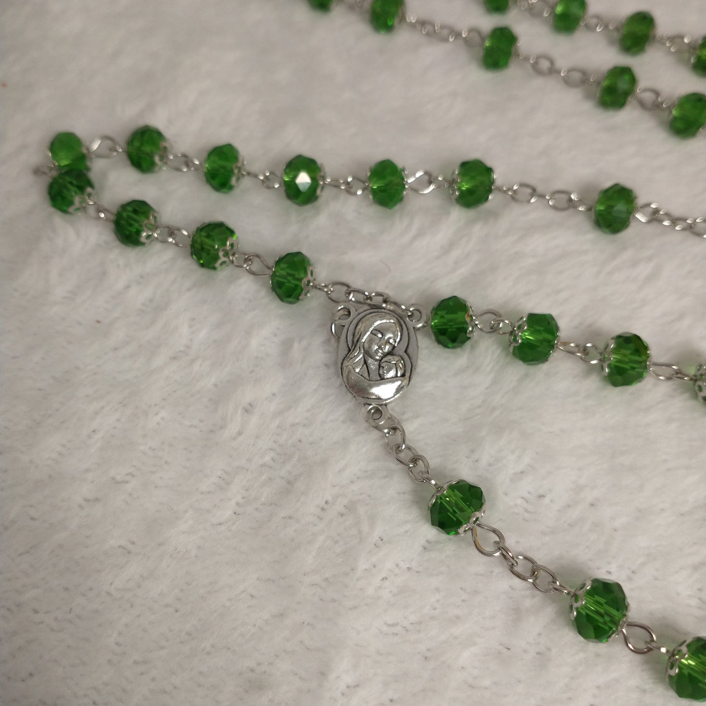 Crystal light green Rossary with Holy soil from Jerusalem .this rosary for prayer's .first Communion .. Baptism.