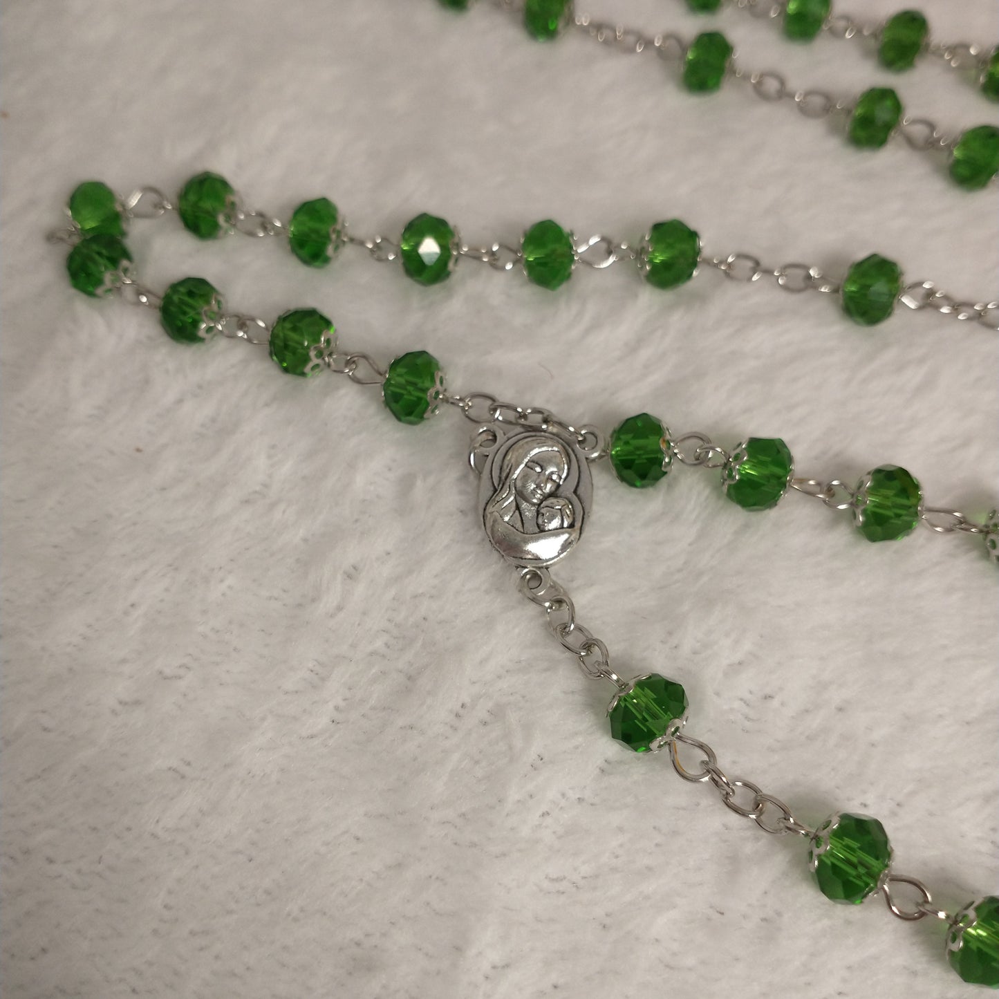 Crystal light green Rossary with Holy soil from Jerusalem .this rosary for prayer's .first Communion .. Baptism.