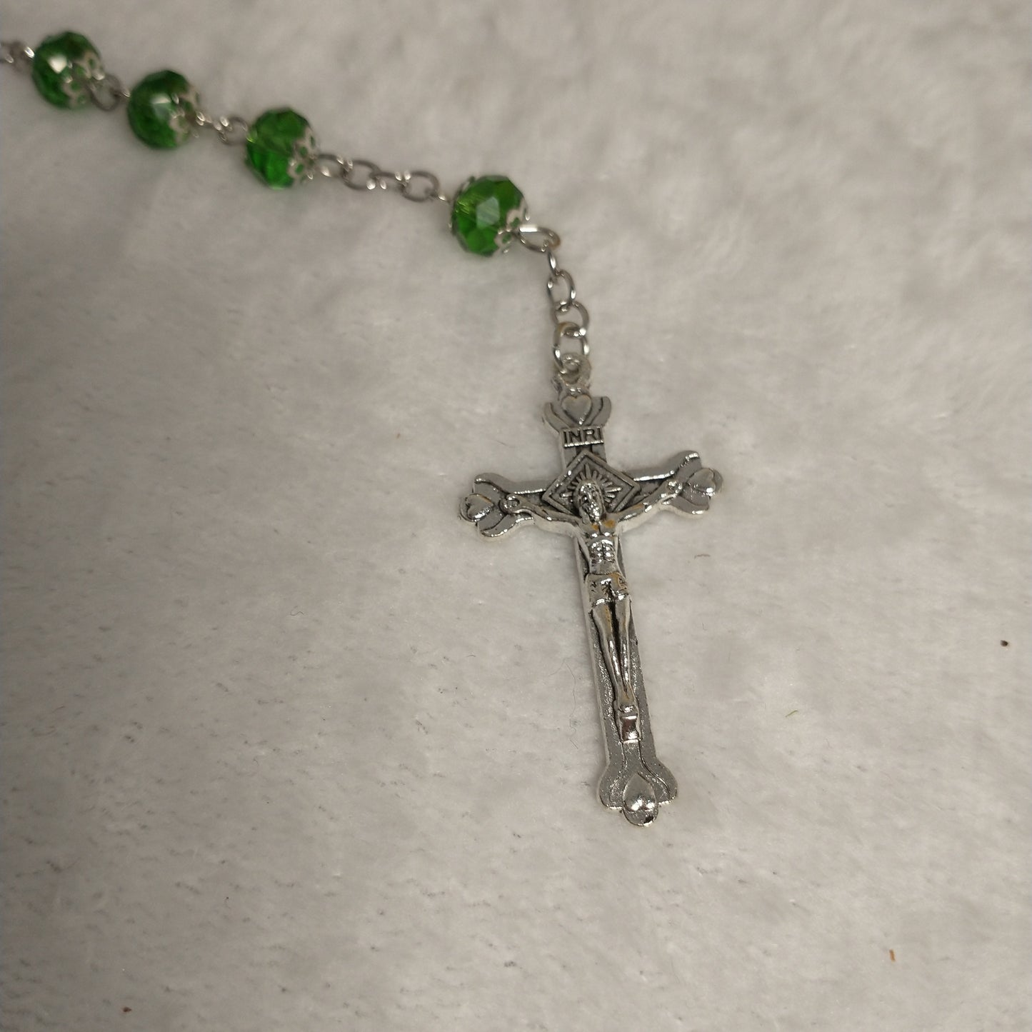 Crystal light green Rossary with Holy soil from Jerusalem .this rosary for prayer's .first Communion .. Baptism.