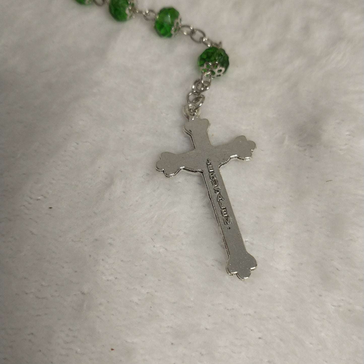 Crystal light green Rossary with Holy soil from Jerusalem .this rosary for prayer's .first Communion .. Baptism.