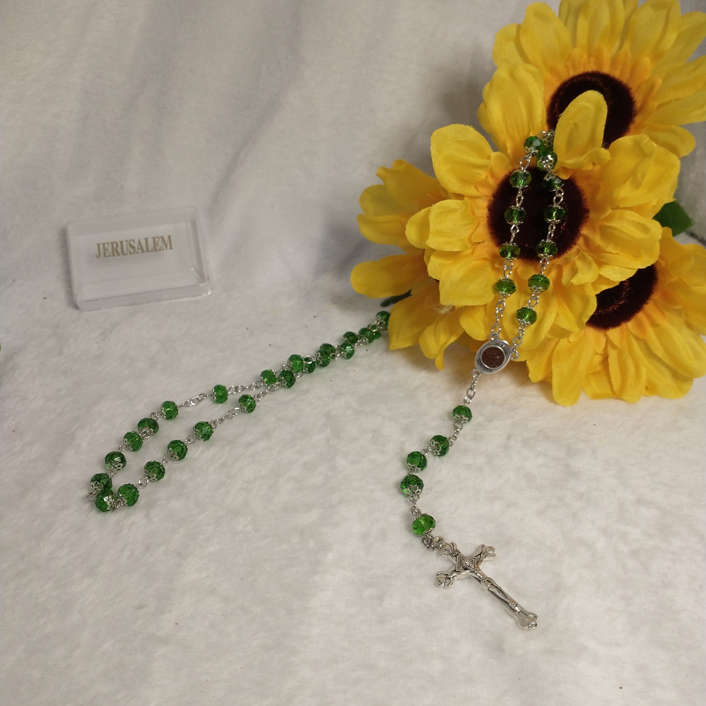 Crystal light green Rossary with Holy soil from Jerusalem .this rosary for prayer's .first Communion .. Baptism.