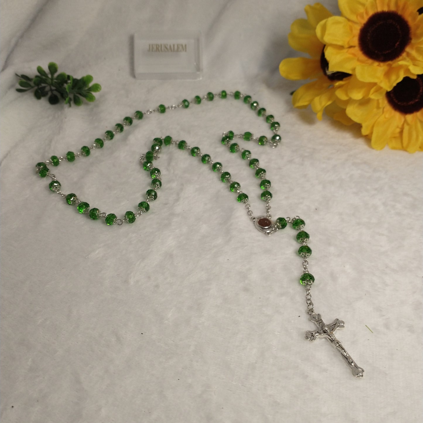 Crystal light green Rossary with Holy soil from Jerusalem .this rosary for prayer's .first Communion .. Baptism.