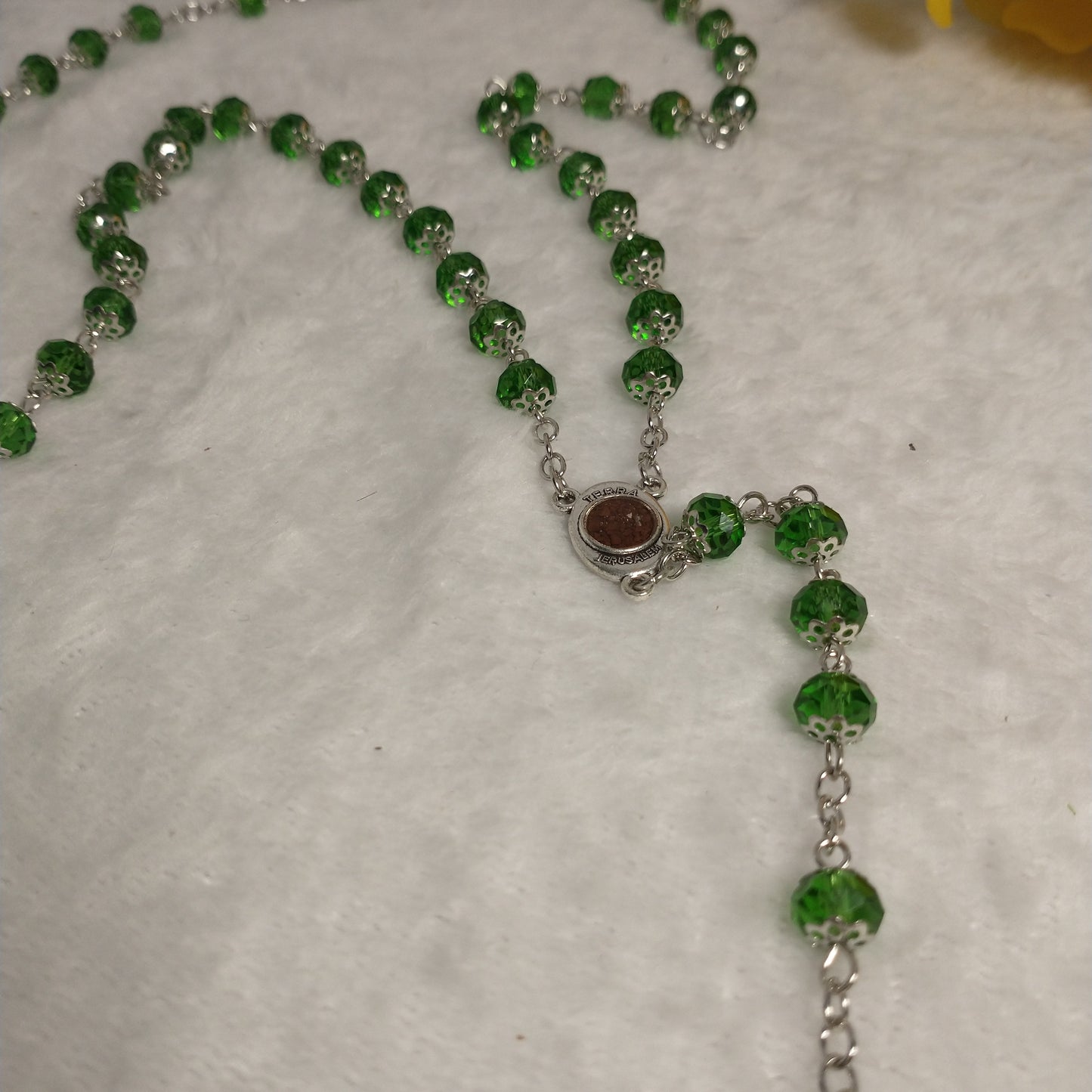 Crystal light green Rossary with Holy soil from Jerusalem .this rosary for prayer's .first Communion .. Baptism.