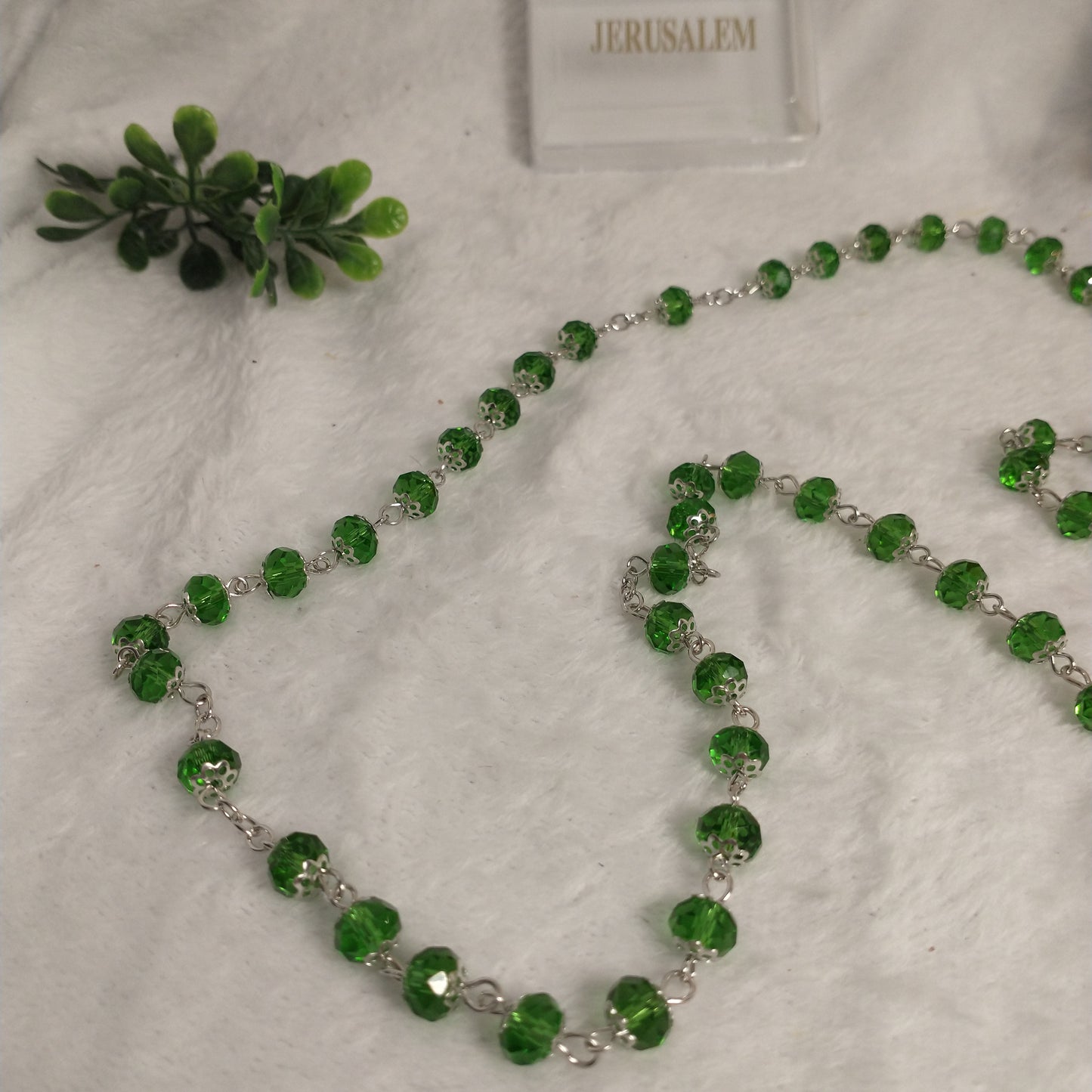 Crystal light green Rossary with Holy soil from Jerusalem .this rosary for prayer's .first Communion .. Baptism.