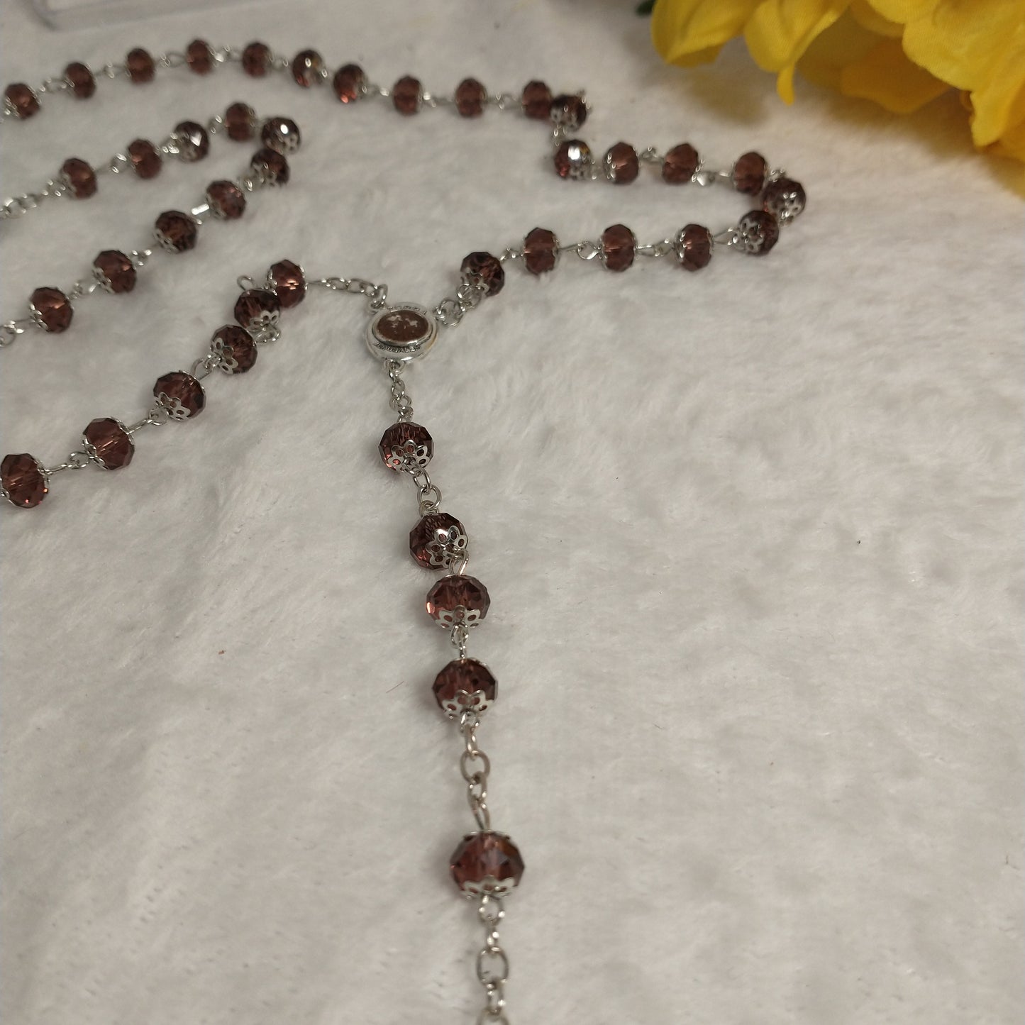 Crystal light brown rossary with Holy soil from Jerusalem .Hand made .very nice Color .this rosary for Prayer s .first Communion . Baptism.