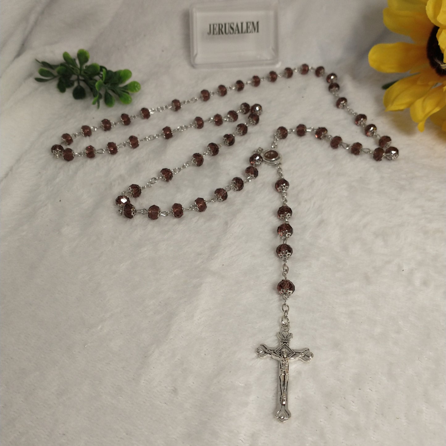 Crystal light brown rossary with Holy soil from Jerusalem .Hand made .very nice Color .this rosary for Prayer s .first Communion . Baptism.