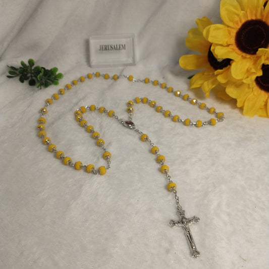 Crystal dark yallow rosary with holy Soil from Jerusalem hand made .this rosary for prayers forst Communion . Baptism