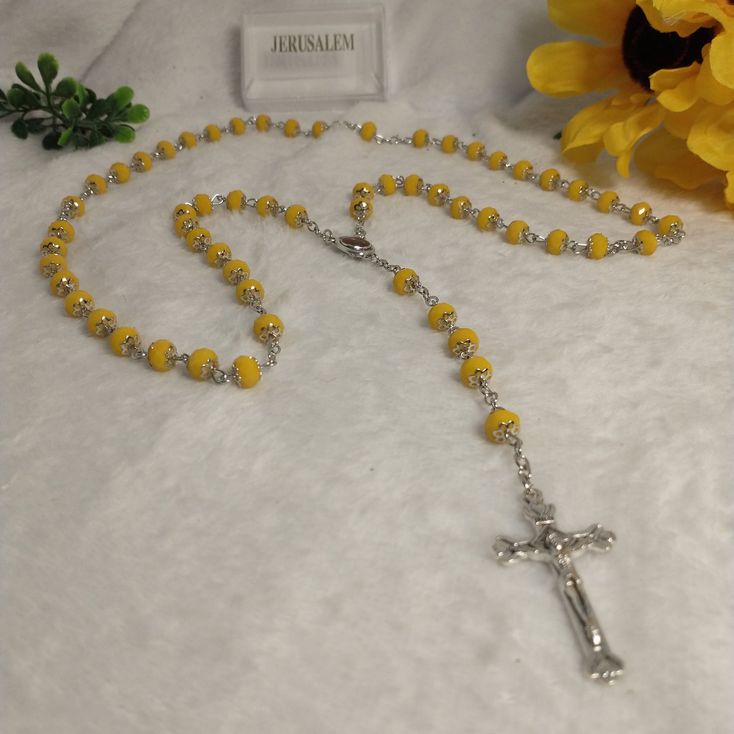 Crystal dark yallow rosary with holy Soil from Jerusalem hand made .this rosary for prayers forst Communion . Baptism