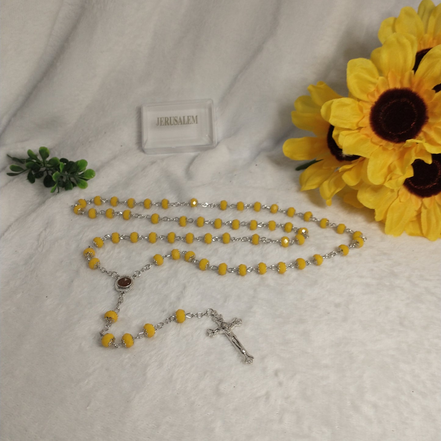 Crystal dark yallow rosary with holy Soil from Jerusalem hand made .this rosary for prayers forst Communion . Baptism