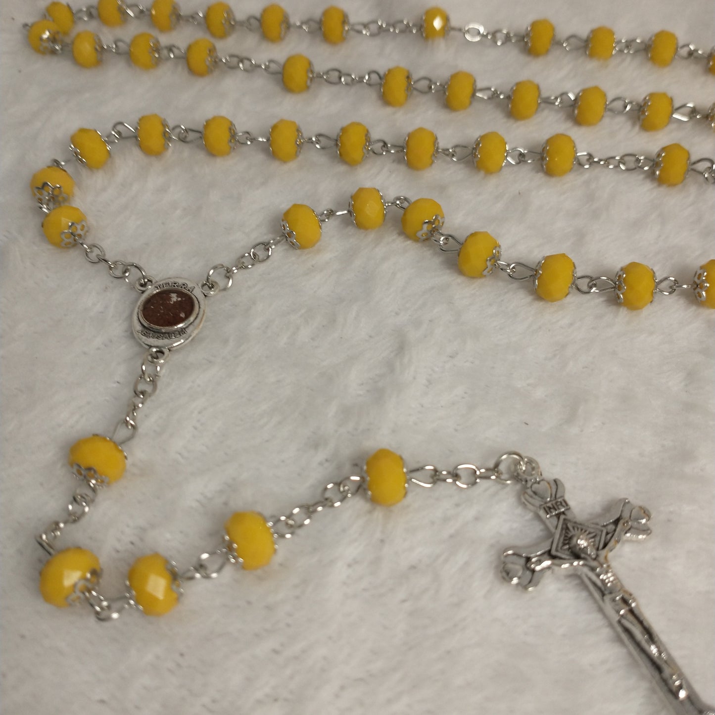 Crystal dark yallow rosary with holy Soil from Jerusalem hand made .this rosary for prayers forst Communion . Baptism