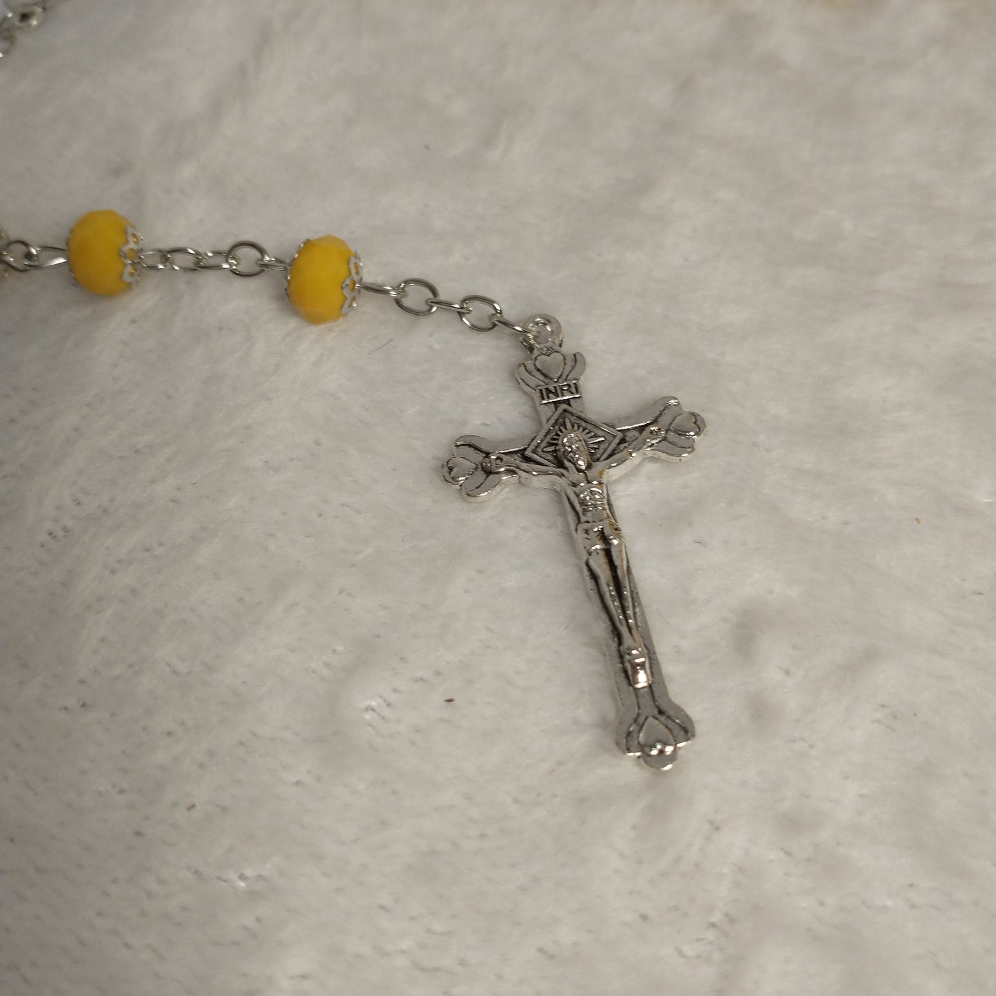 Crystal dark yallow rosary with holy Soil from Jerusalem hand made .this rosary for prayers forst Communion . Baptism